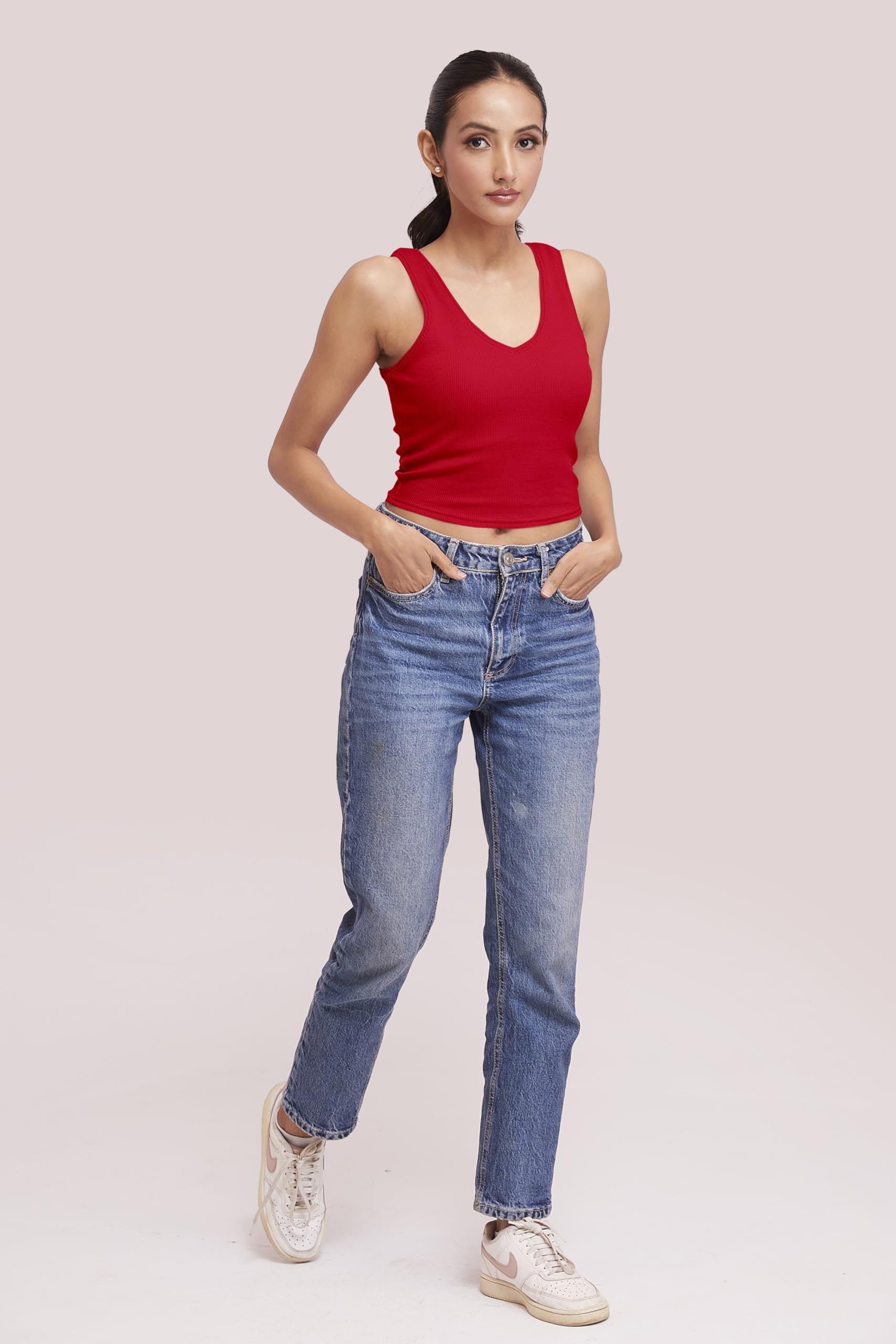 BERRY BIRD® Sleeveless V- Neck Slim Fit Ribbed Knit Tank Crop Tops for Women & Girls Casual Beach and Gym Wear and Western Trendy Fashion Red 4