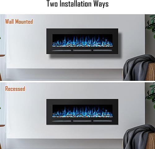 Miniatura 7 de Chimenea eléctrica de 72 pulgadas montada en la pared y empotrada con control remoto, brillo ajustable, 13 llamas de color con tronco y cristal,
