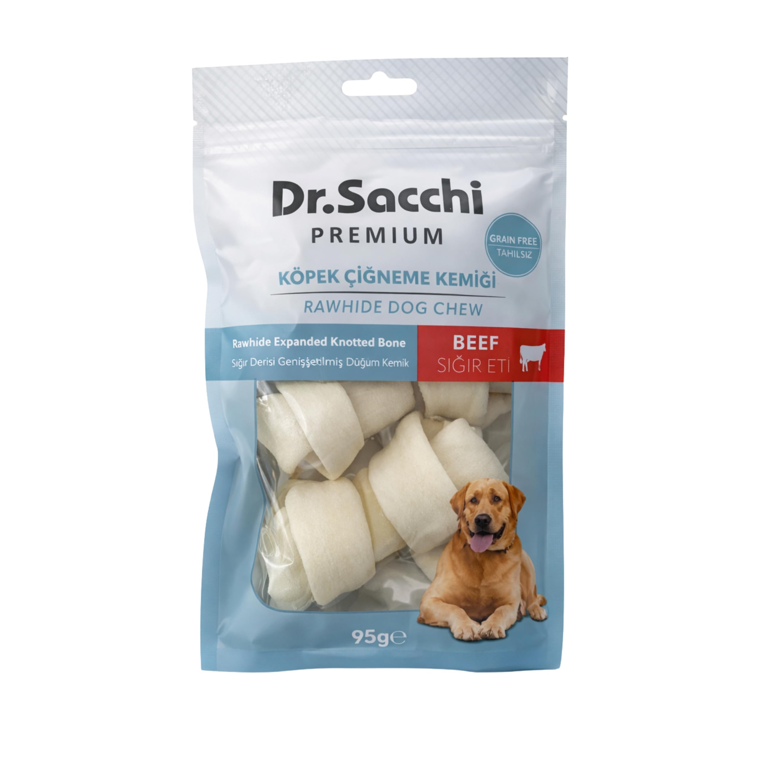 Dr.Sacchi Premium Sığır Etli Sığır Derisi Genişletilmiş Düğüm Kemik Tahılsız Köpek Ödülü 2-4" 30-35 Gr 3'lü