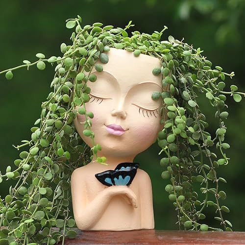 WEWEOW Maceta de cara para plantas de interior y exterior, de resina, con agujero de drenaje, bonitas macetas de cara de dama