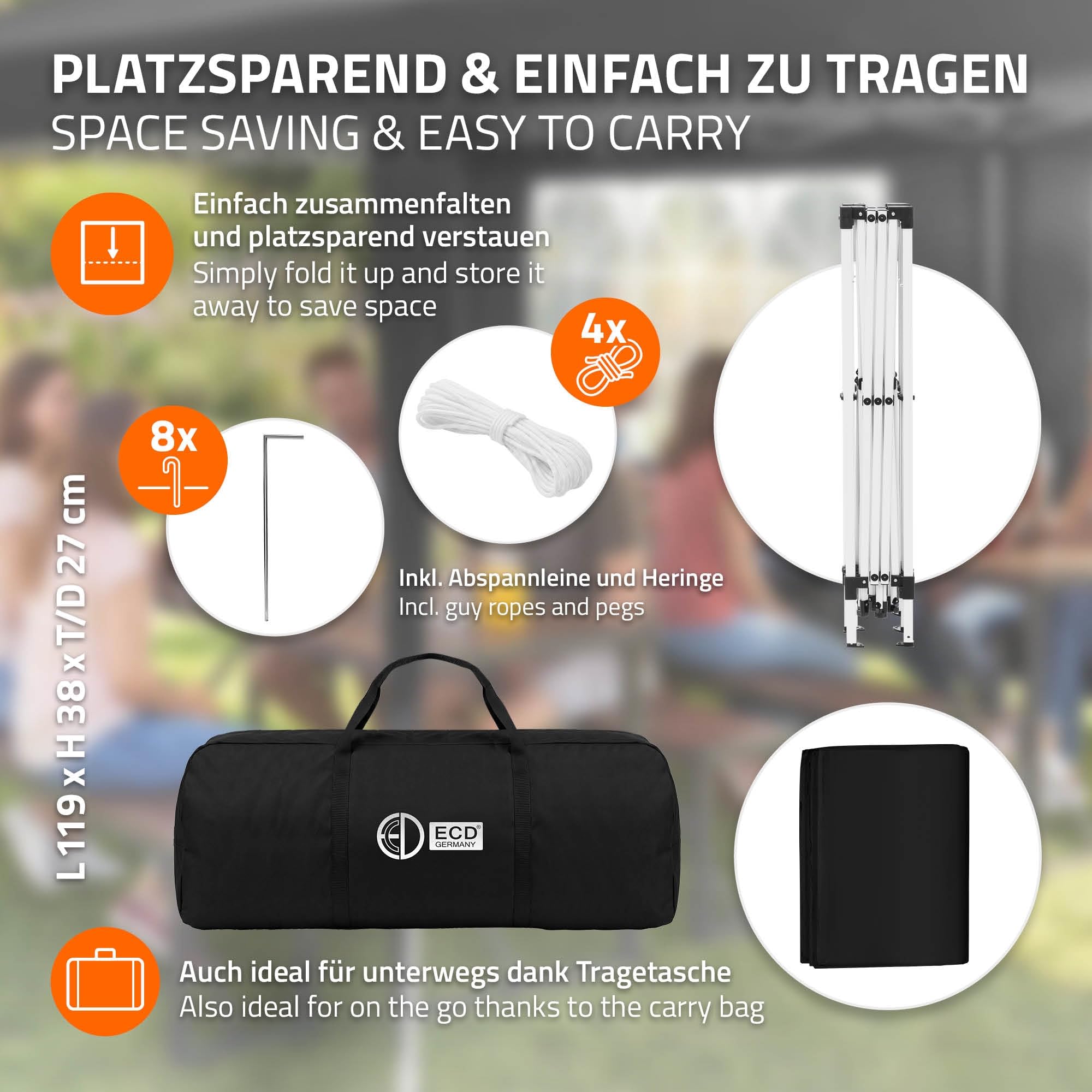 ECD Germany Carpa Plegable 3x6 m para Exteriores, Impermeable y Resistente al Viento, Pergola de Jardín, Cenador con 6 Paredes Laterales, Gazebo Negro Altura Regulable, para Fiestas, Camping, Eventos