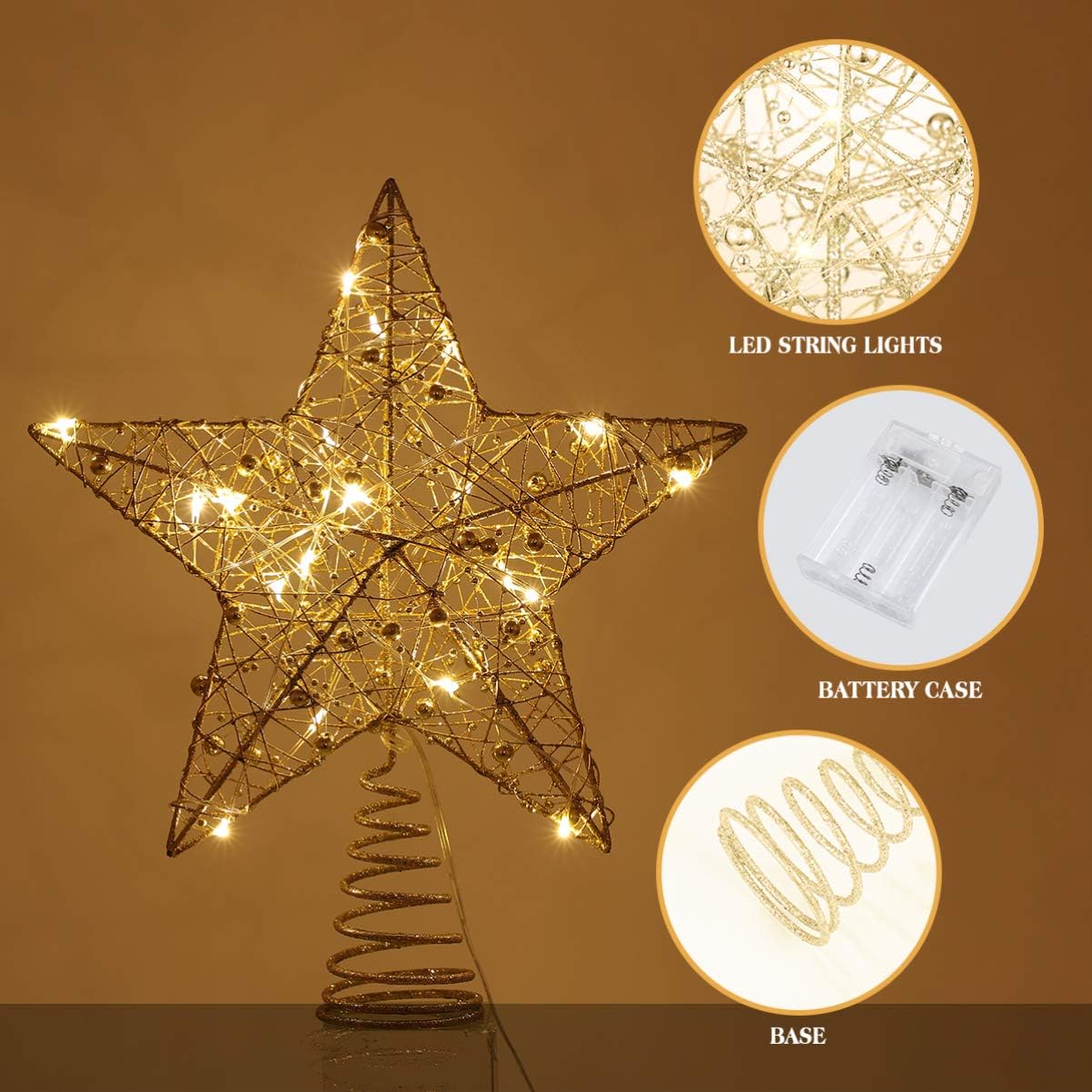 Toyvian Christmas Tree Topper Star,Christmas Decorations Lighted Wire Xmas Tree Star for Christmas Tree Ornament (12 Inch,Golden) - Image 2