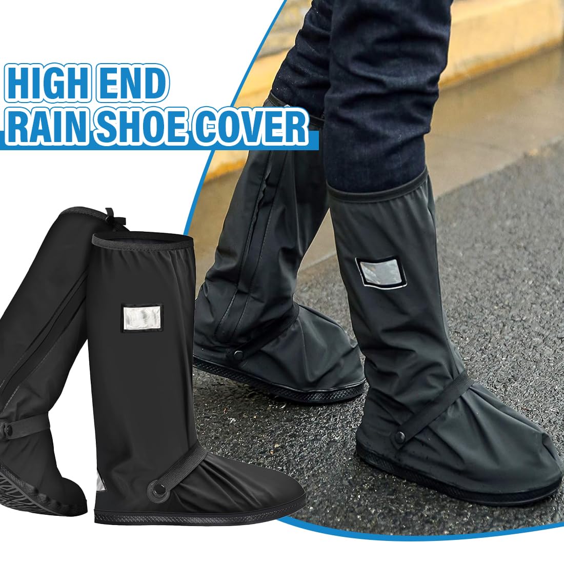 Paire de Surchaussures Imperméables Hautes avec Fermeture Éclair et Bandes Réfléchissantes, Couvre Chaussure Antidérapant pour Moto, Vélo, Randonnée sous la Pluie et la Neige
