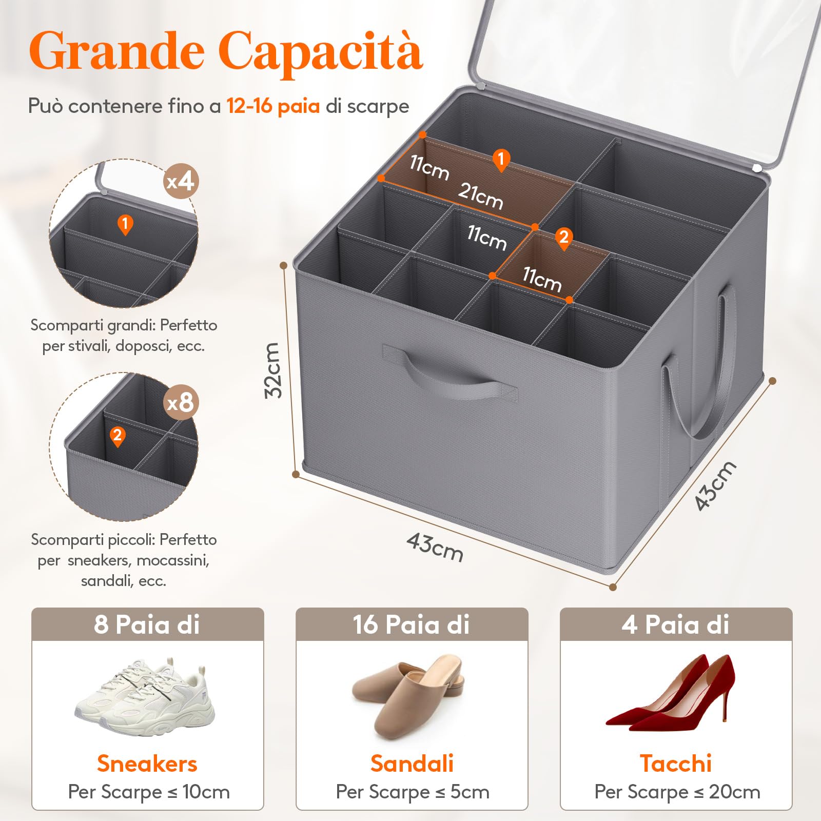 Lifewit Organizer per Scarpe per Armadio, Moderni, Grigio, 12-16 Paia, Contenitori Pieghevoli per Stivali, Tacchi, Scarpe da Ginnastica