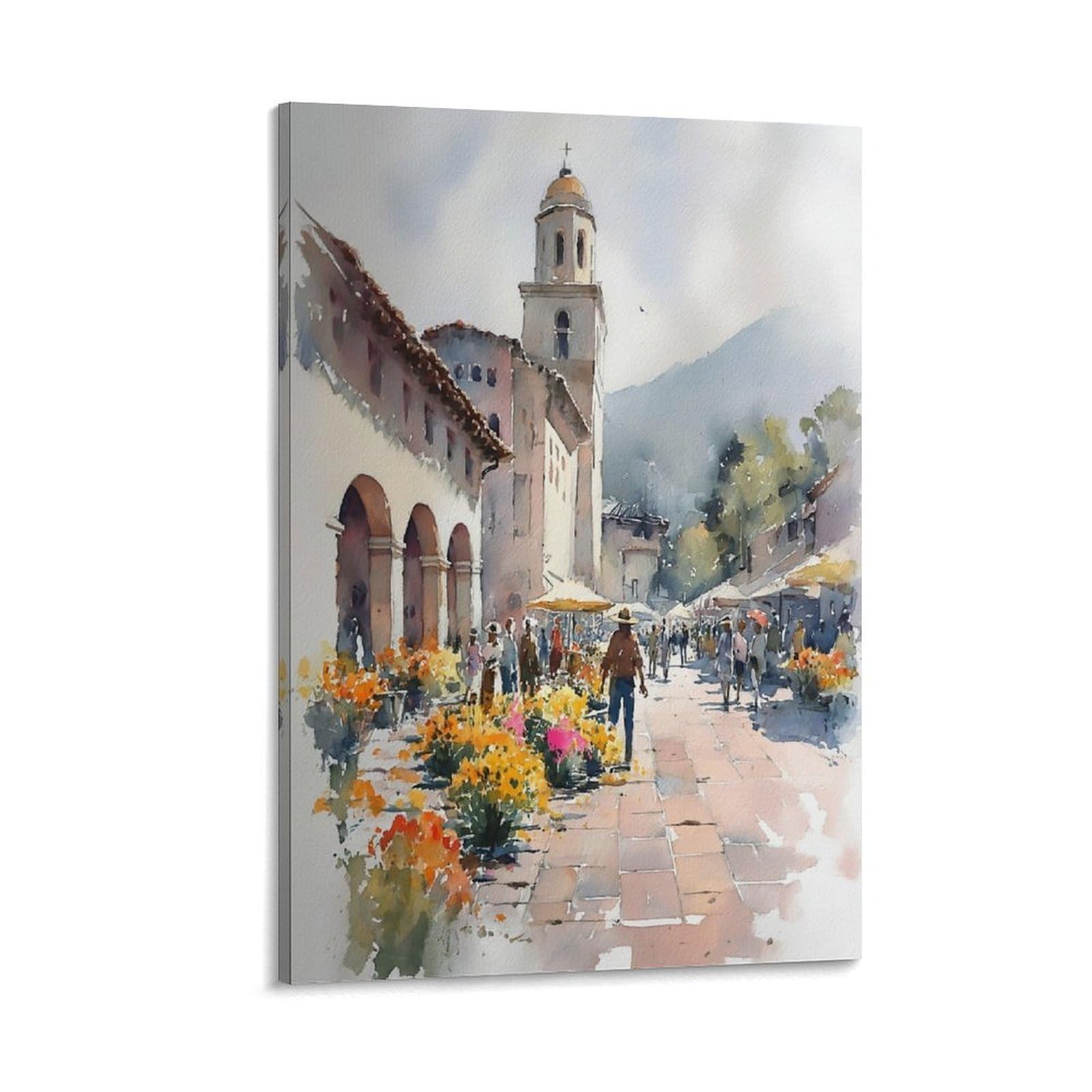XWYMXZ Puerto Rico Flower Market Watercolor 24x36inch(60x90cm) Vintage Travel Poster Watercolor Canvas Art