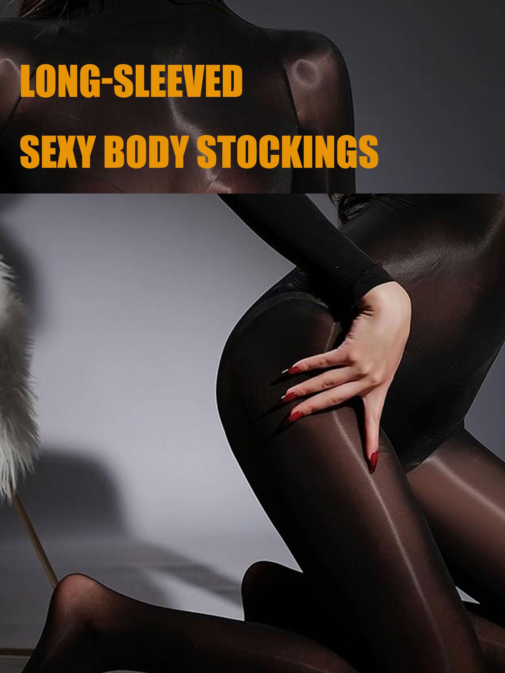 HTRUIYATY Damskie błyszczące rajstopy z długim rękawem, rajstopy na całe ciało, jedwabisty, otwarty krok, Bodystocking