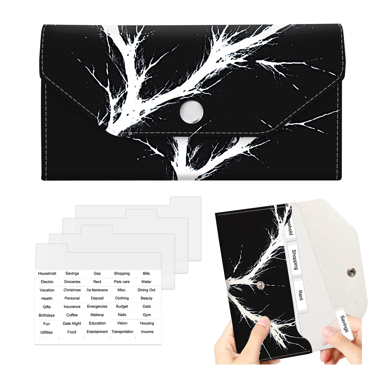 Photo 1 of BOFKWSY Cash Envelope Wallet for Budgeting, PU Leather Cute Cash Pouch with 4 Cash Dividers & 1 Category Stickers, Reusable Money Holder for Men and Women Black Tree Branches