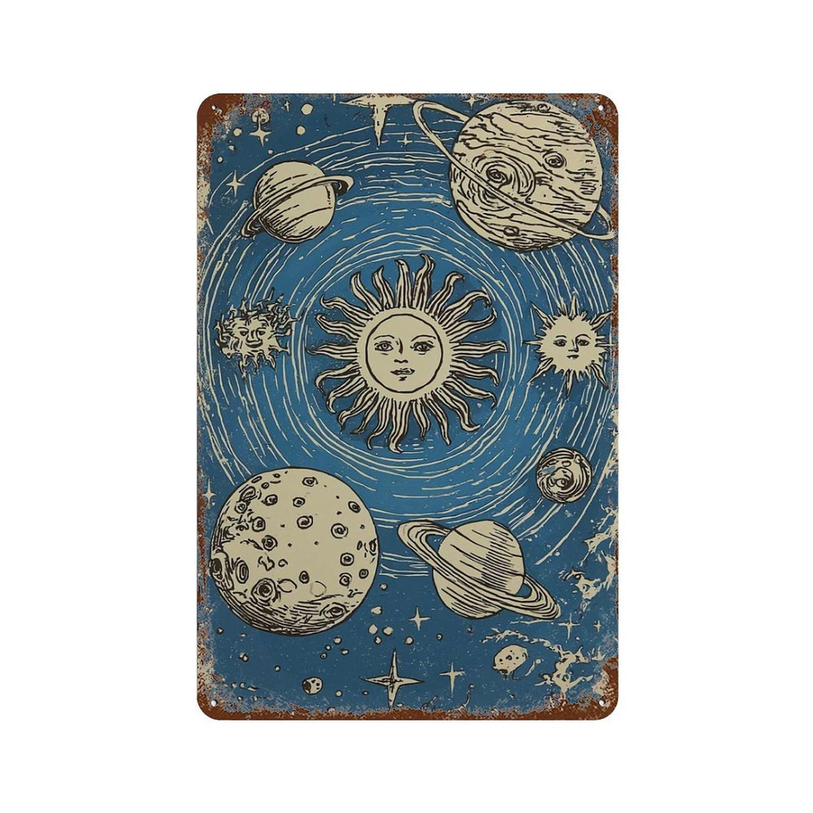 xiaoxiaoshen Celestial Sun Moon Astrology Blue Cosmic Wall Decor Art Metal Tin Poster Modern Home Decor Art Home Bar Shop Decorations Vintage Sign 30x20cm