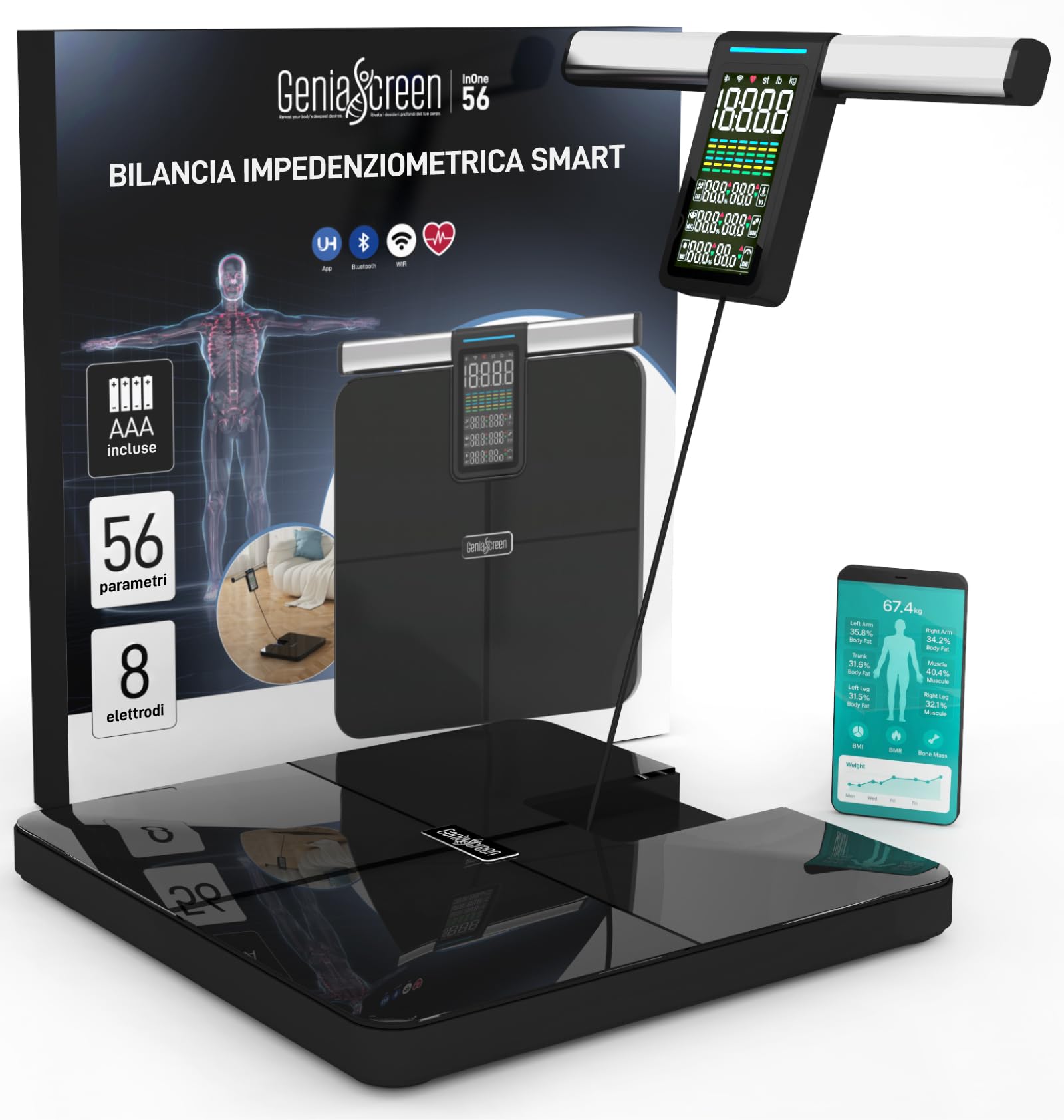 Bilancia Impedenziometrica Professionale Smart Wi-Fi Pesapersone Digitale 56 Misurazioni in Vetro Temperato 32x35cm Portata 220Kg GeniaScreen con Display LCD - per Massa Muscolare Grasso BMI Bluetooth