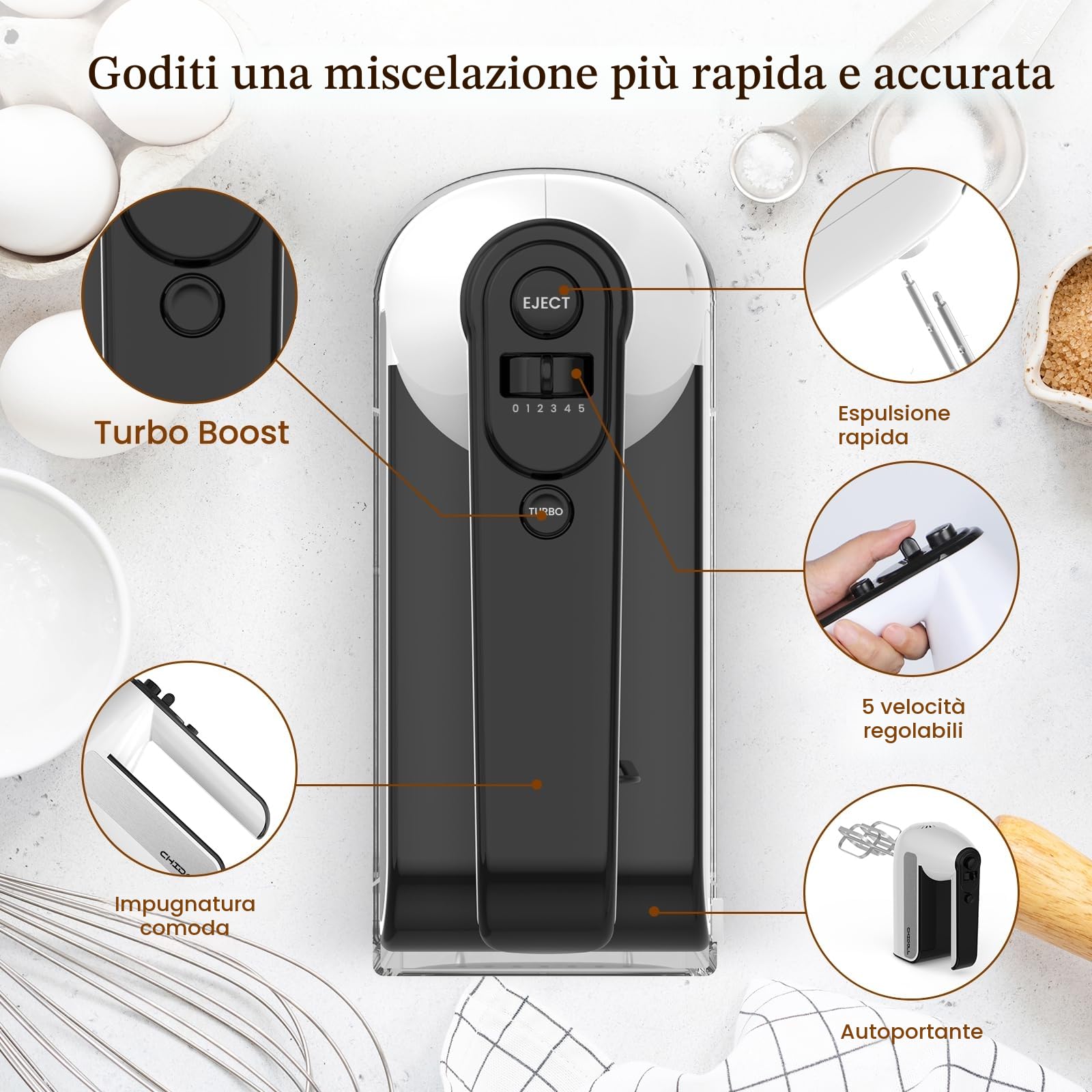 Miscelatore manuale elettrico a 5 velocità, miscelatore portatile da 800 W con turbo per cottura e cottura, miscelatore da cucina con custodia e 6 accessori in acciaio inossidabile (2 fruste, 2 ganci