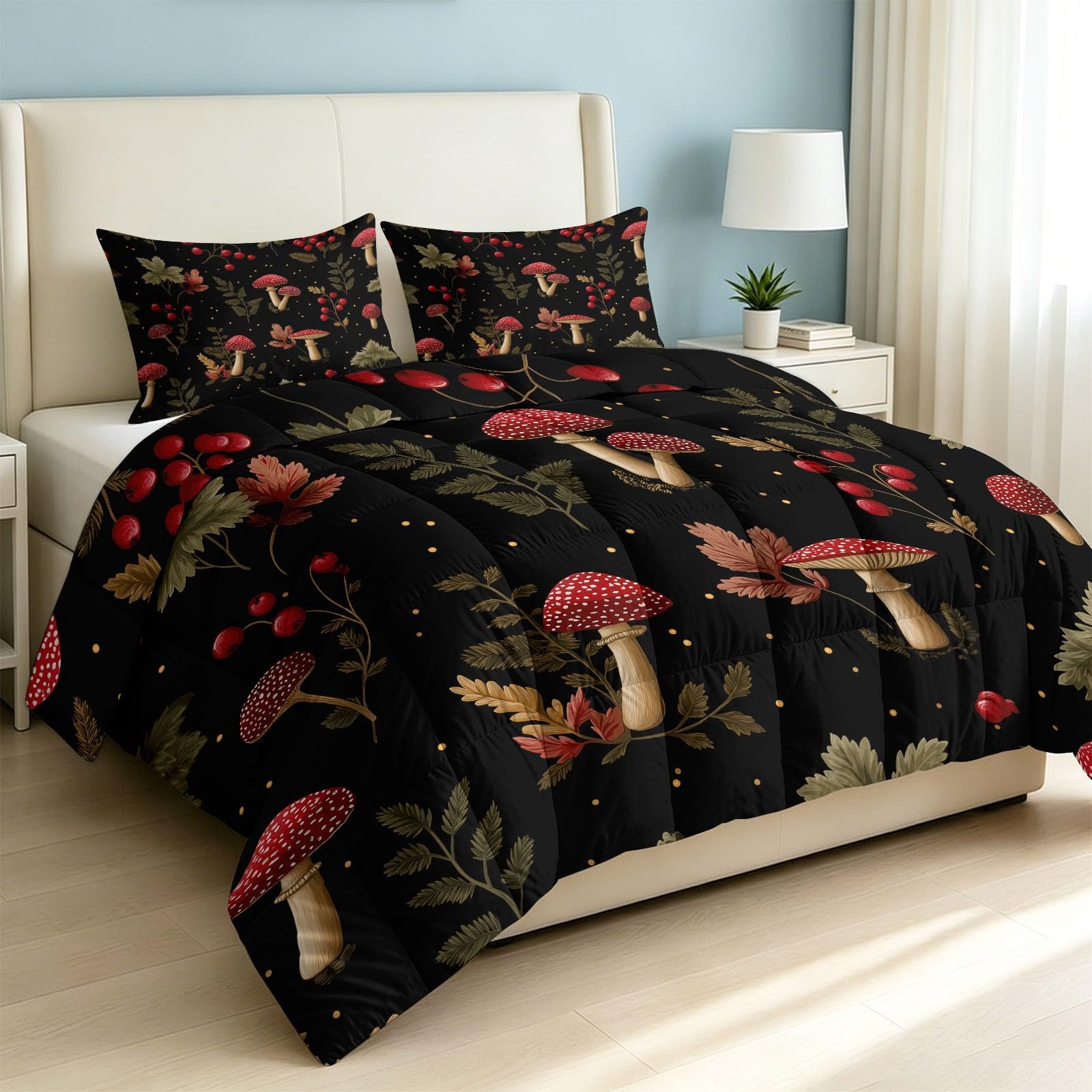 Wald Farnpflanze Roter Pilz Beeren Bettdecke 220 x 240 cm 4 Jahreszeiten, Vintage Rustikal Weich Leicht Bettdecke Ohne Bezug Warm Steppdecke Ganzjahresdecke Kühldecke Mit 2 Kissenbezug