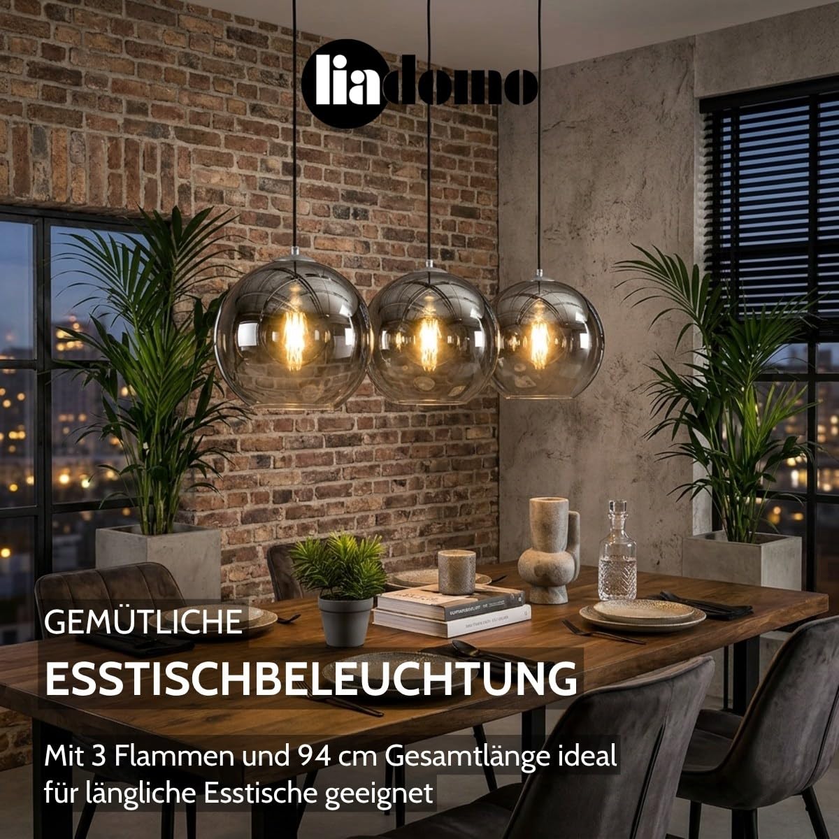 Pendelleuchte Boise, 3-flammige Hängelampe Rauchglas, Esszimmer | Industrial, Küche, Wohnzimmer, 3 x Ø29 cm, exkl. E27-Leuchtmittel, 115 cm Länge, höhenverstellbar bis 150 cm, Farbverlauf