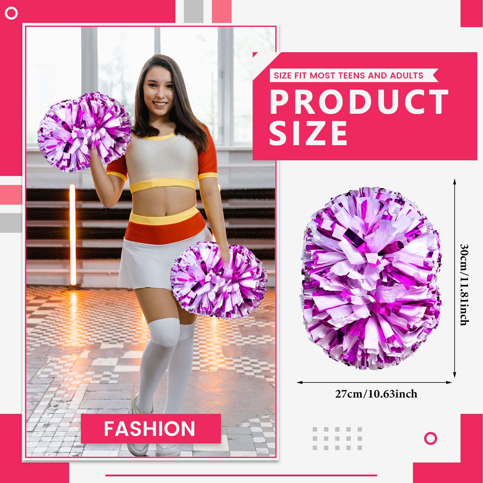 Pompon da cheerleading, 8 pezzi con manico, perfetti per tifo di squadra, giochi di spirito,Pompon resistenti per eventi (Rosa rossa + bianco)