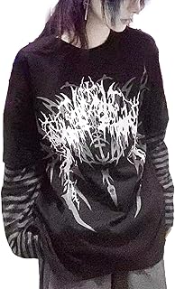 [LAVASEON] サブカル系 Tシャツ レディース スプライシング ファッション かっこいい ストライプ 病み系 地雷系 原宿系 大きいサイズ 着瘦せ 長袖 ビジュアル系 男女兼用 ゆったり 春夏秋