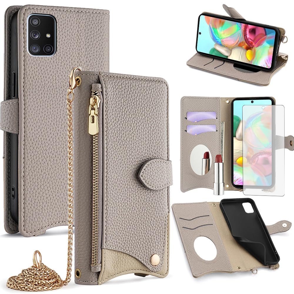 Asuwish Phone Case for Samsung Galaxy A71 5G Wallet Cover with Tempered Glass Screen Protector and Mirror PU Leather Flip Cover Credit Card Holder