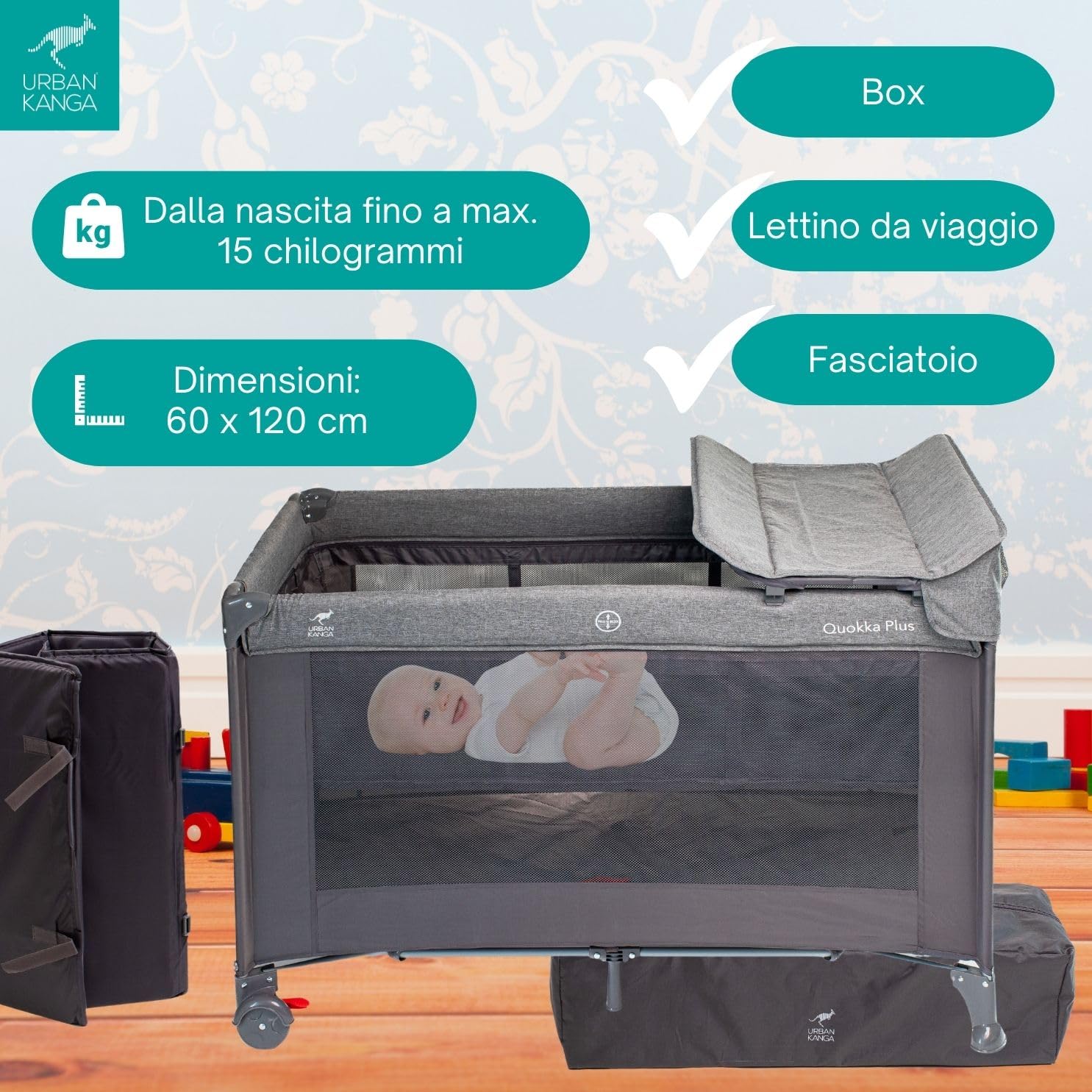 Urban Kanga QK Plus Lettino de Campeggio Neonato con Fasciatoio (QK Plus, Grigio)