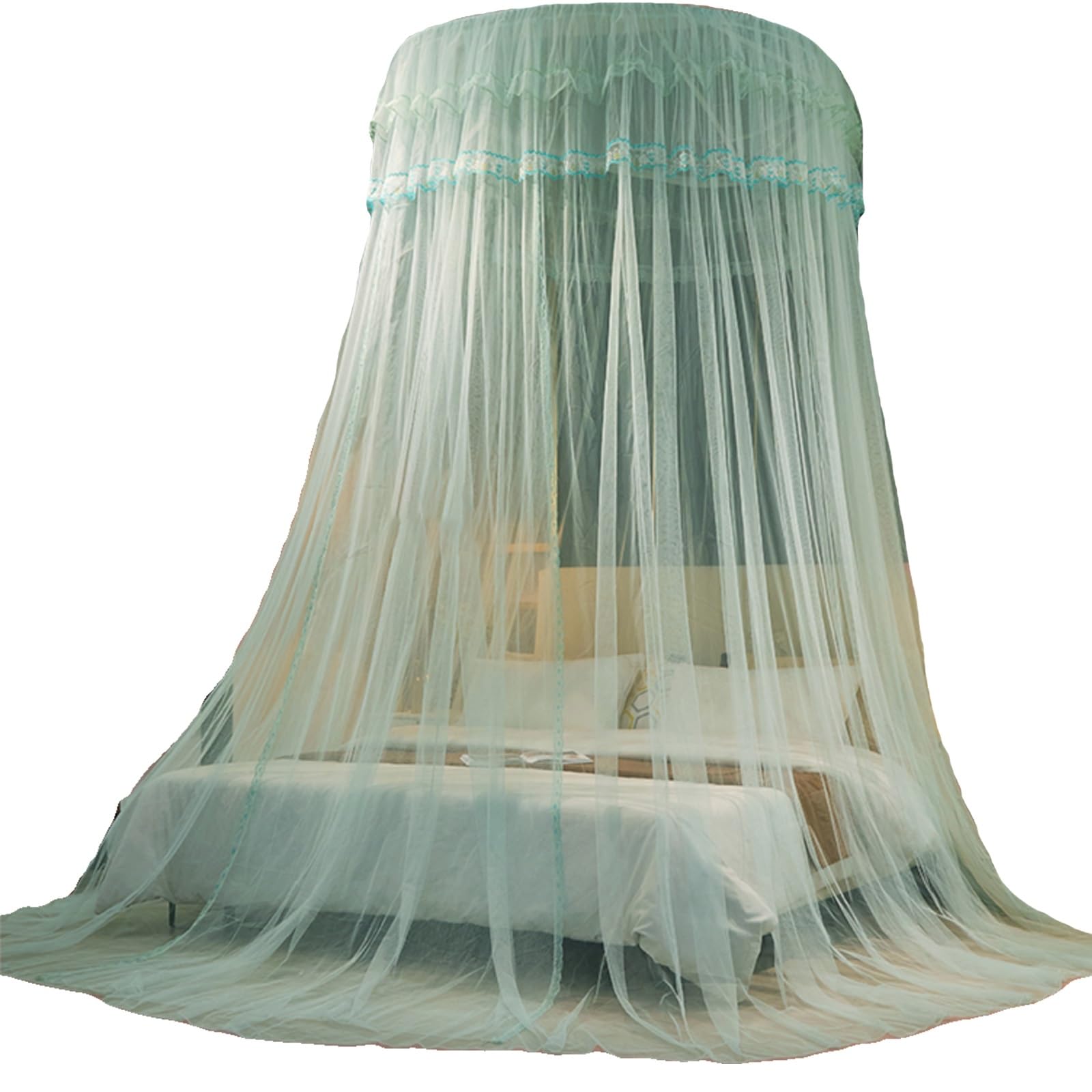 SARKEY Tulle Mesh Round Bed Canopy,Romantic Mosquito Net Curtain,Lace Tent,Large Space,Ceiling,Princess For Girls,Hanging Reading Nook,for Women Adults Bedroom Decoration(Mint green)