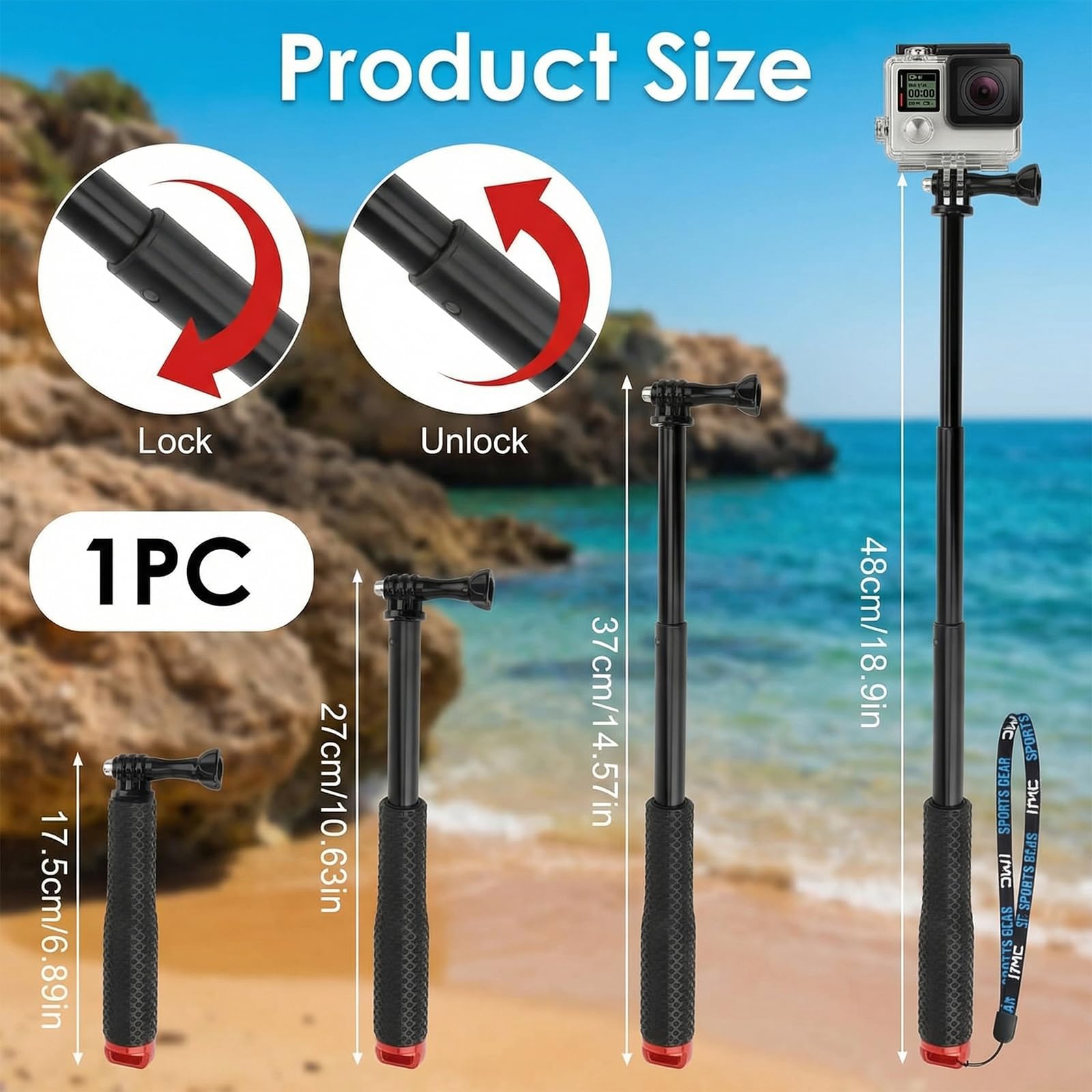 Perche Etanche pour GoPro et Action Cam, télescopique 49 cm, Format Compact 18 cm, Perche à Selfie Etanche sous Marine, Compatible DJI Osmo Action, Insta360 Ace Pro