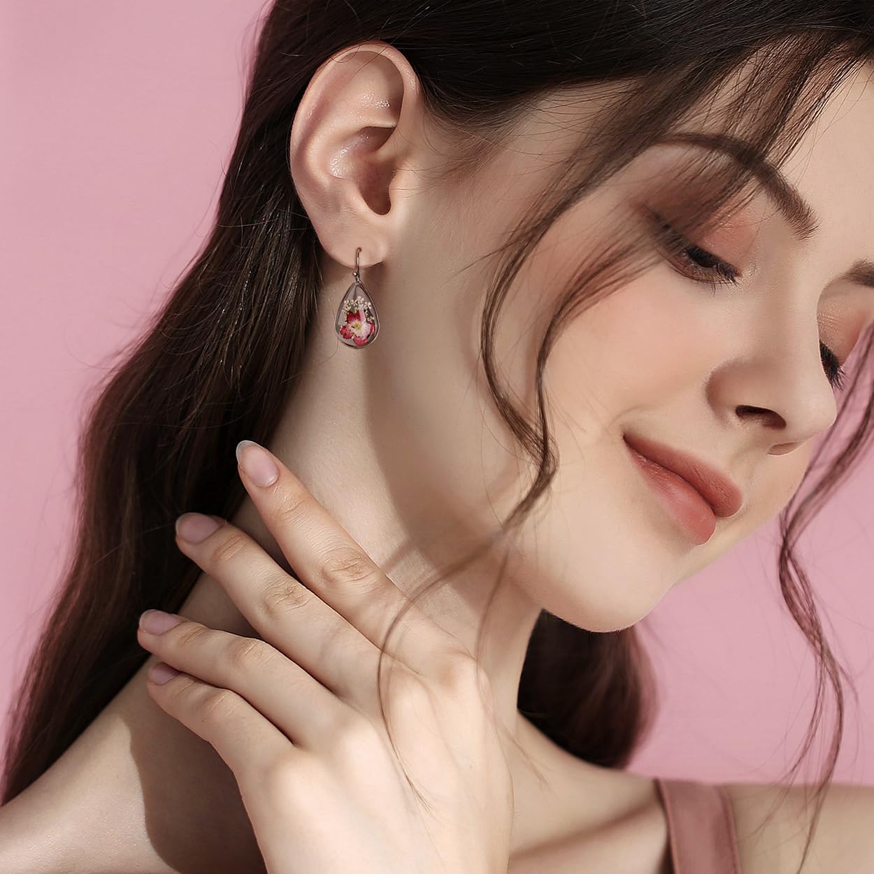 Jean Beau 925 Sterling Silver Pressed Flower Earrings for Women, Handmade Hypoallergenic Resin Dried Flower Teardrop Dangle Earrings, Nature Floral Jewelry Gift for Mom and Wife - Image 3