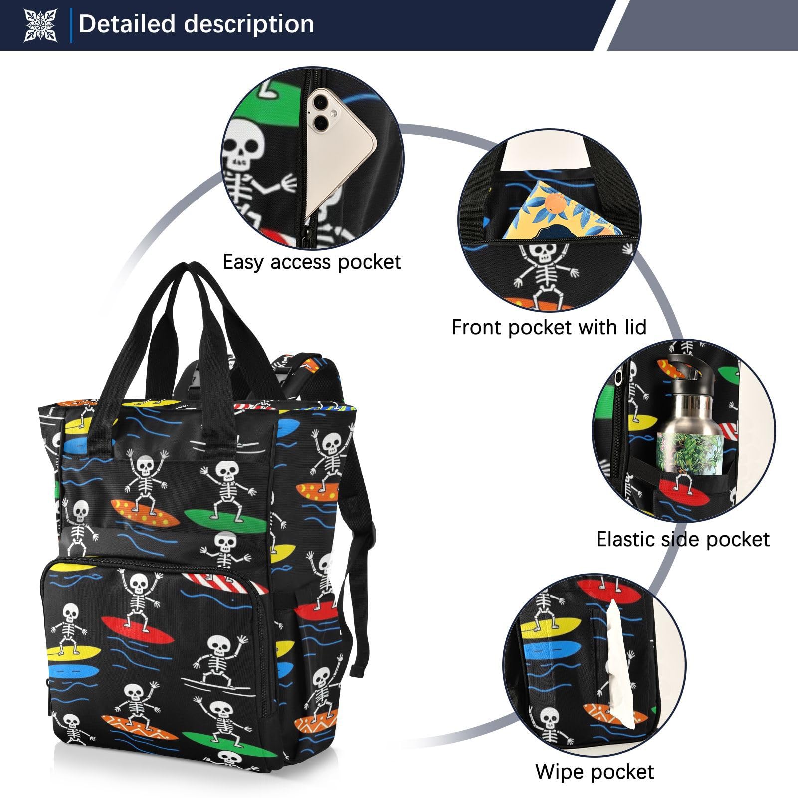 Baby Girl Borsa per pannolini per mamma scheletri surf Halloween