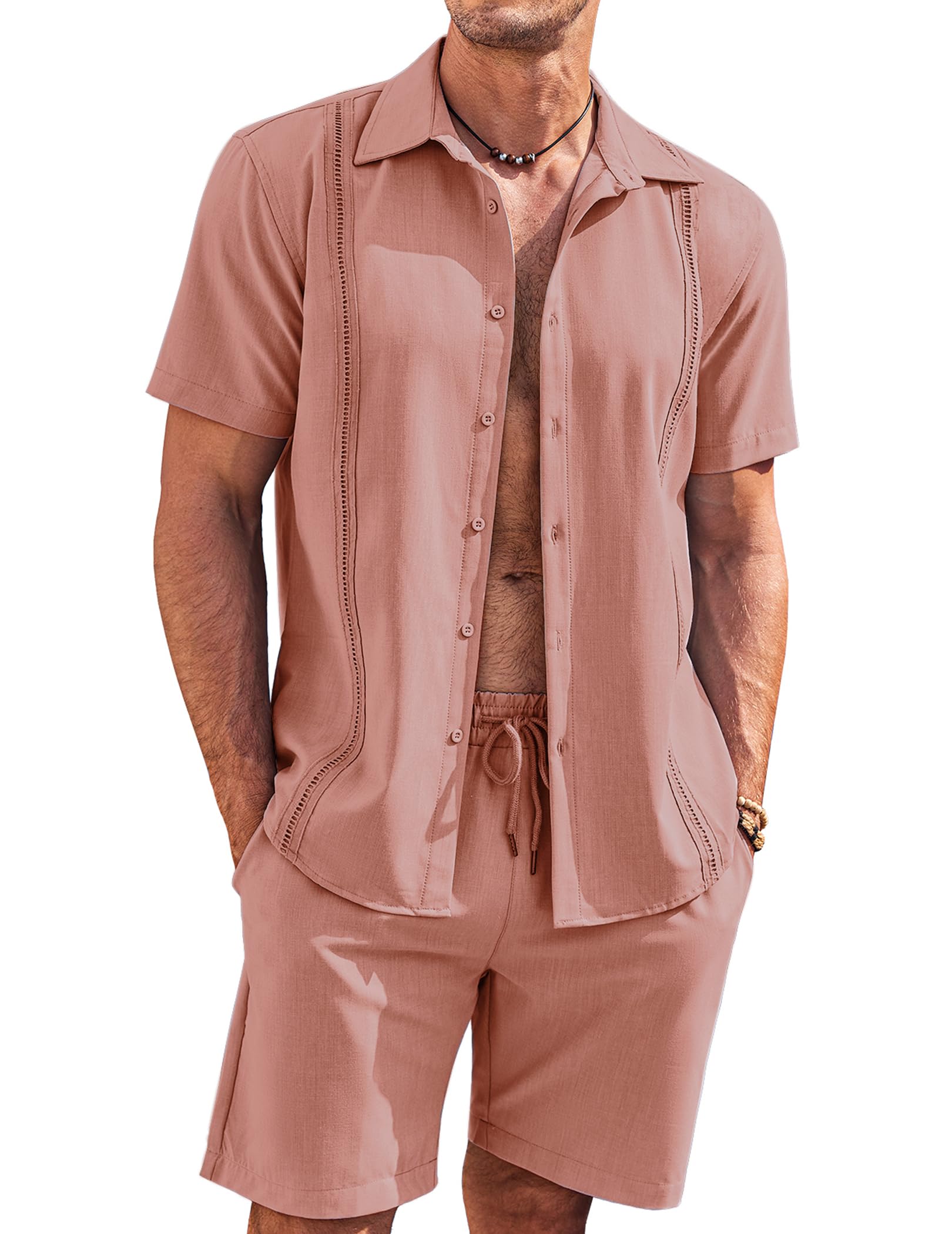 COOFANDY Men's 2 Piece Short Set Cuban Guayabera Shirts Short Sleeve Casual Beach Outfits Set