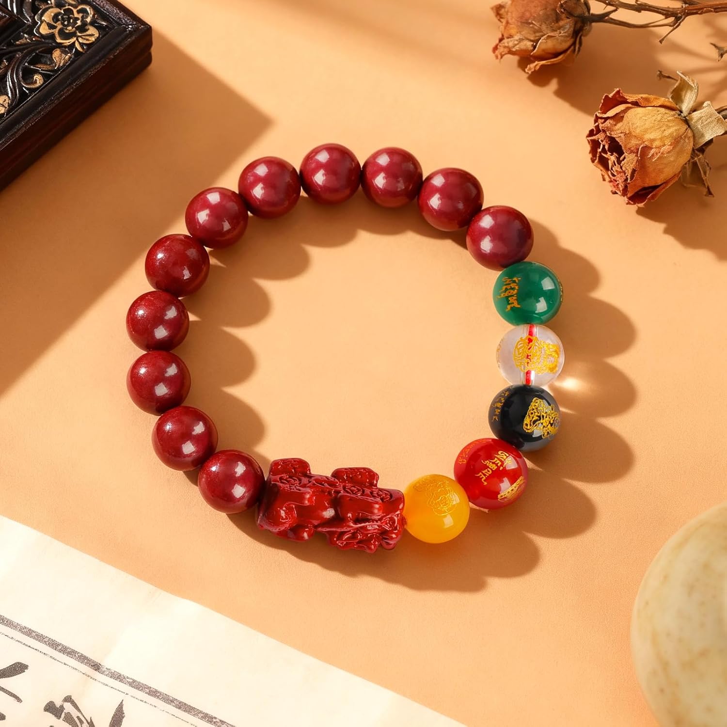 Five Roads Wealth God Cinnabar Pixiu Bracelet - Feng Shui Red String Bracelet for Good Luck & Money Attraction, Fortune Blessing for Men & Women, Adjustable Lucky Charm Bracelet (Classic & Cinnabar Options, 8/10/12mm)
