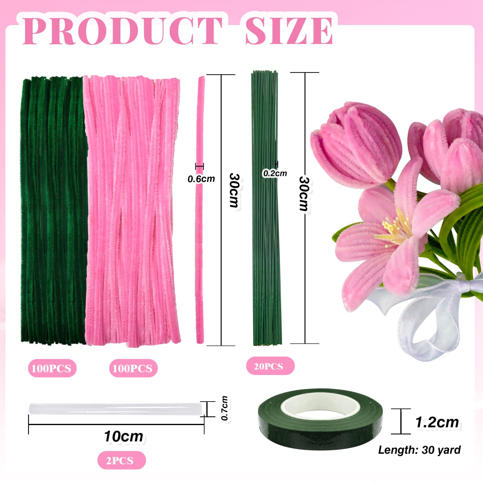 TOAOB 200pcs Pipe Cleaners Craft Supplies DIY Tulips Bouquets Making Kit Pink Chenille Stems Artificial Flowers Craft Kit for DIY Art and Crafts Party Wedding Home Decorations