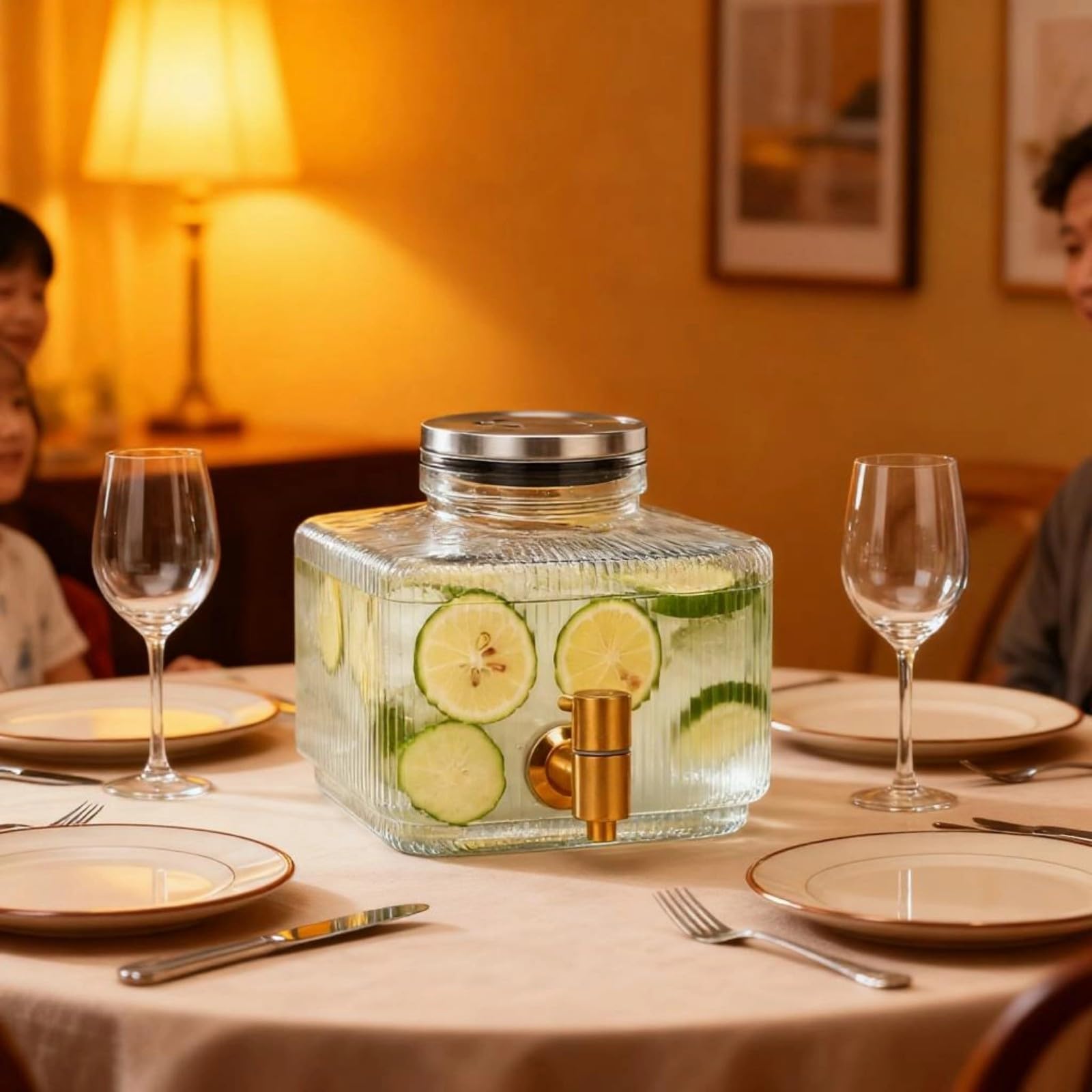 Jarra de agua transparente con tapa de acero inoxidable y boquillas, botella de agua para fiesta con dispensador de agua de vidrio con grifo