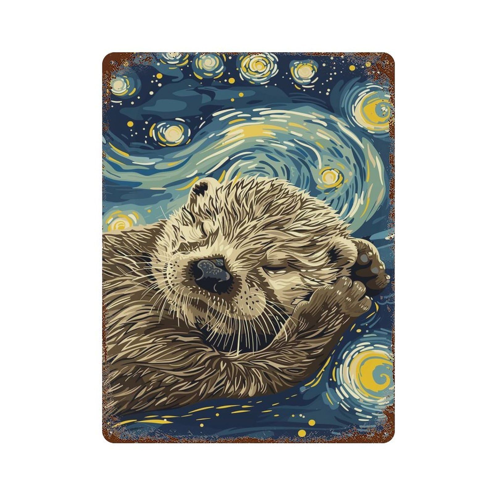 Otter in Starry Night Style Decorative Tin Sign 15.7"x11.8", for Bistro, Counter And Cafe Decor, Classic Wall Plaque