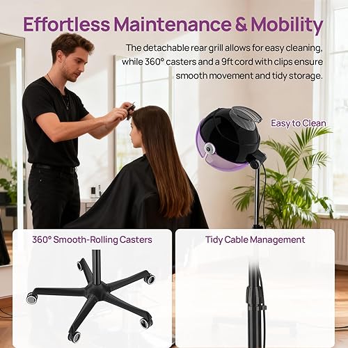 Miniatura 7 de Secador de pelo con capucha iónico, secador de capó de 1875 W (morado)  3 ajustes de temperatura  Secador de pie portátil para uso doméstico y de