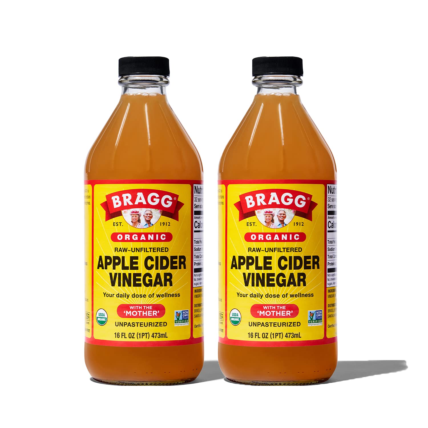 Bragg Organic Apple Cider Vinegar • Raw ~ Unfiltered • With the Mother • Unpasteurized, 1 PT ℮ 16 oz ℮ 473 ml, 2 Pack خل التفاح العضوي من براج • خام ~ غير مفلتر • مع الأم • غير مبستر