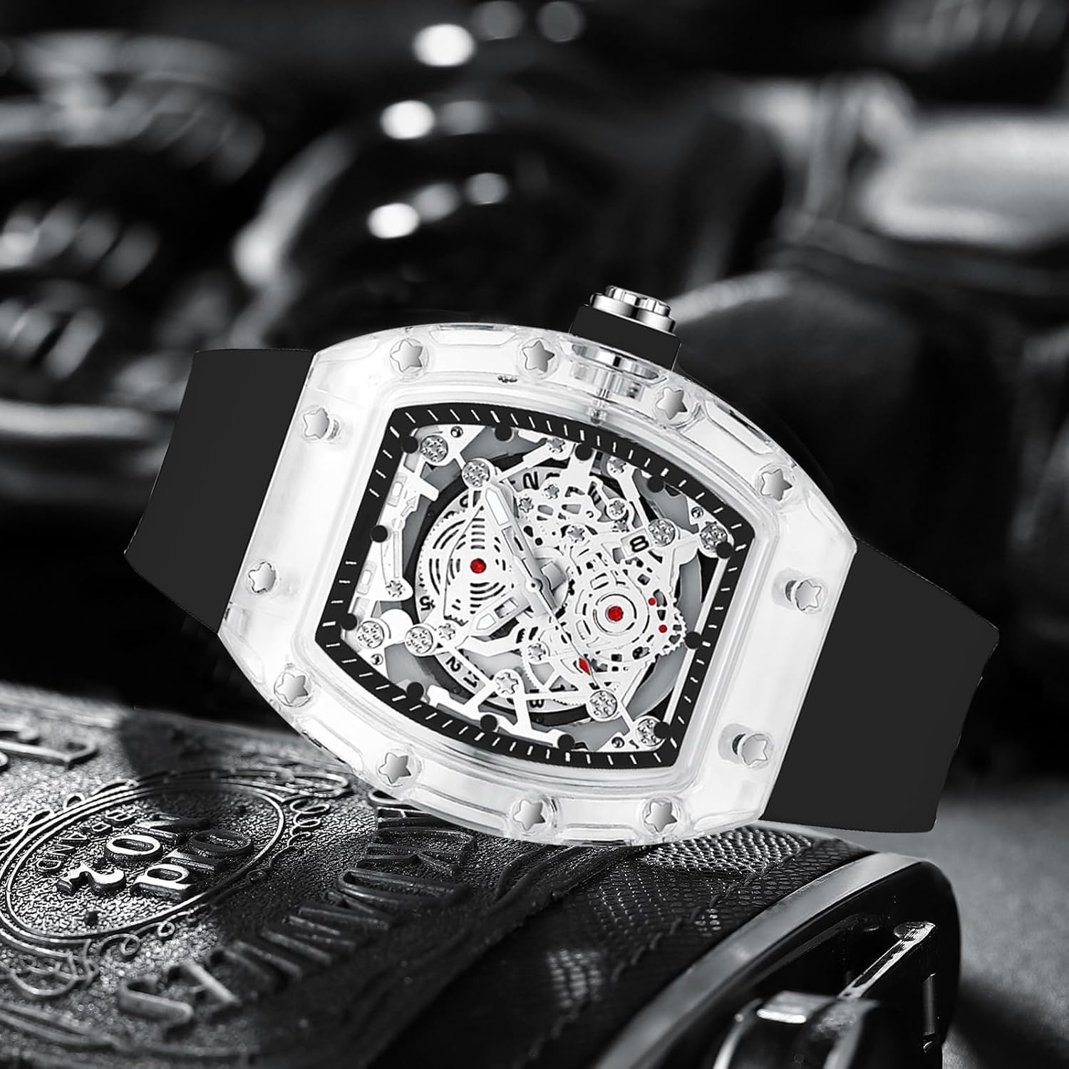 Unique Hollowed Skeleton Analog, Watches for Men Fashion Tonneau Water Resistant, Sports Transparent Business Silicone Strap with Shock Resistant — view 4