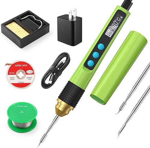 Kit de soldador, kit de bolígrafo de soldadura OLED inteligente, mini soldador portátil con punta de soldadura universal, trenza de mecha, soporte,