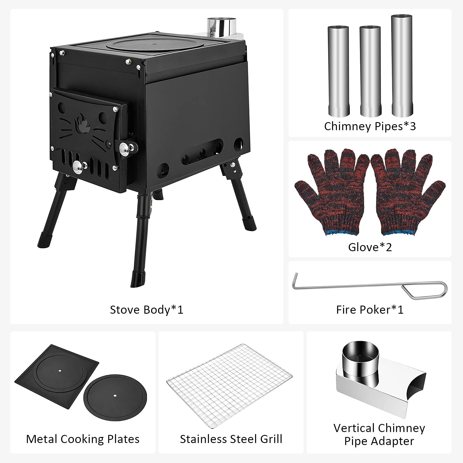 Camping Tent Stove with Chimney Pipes, Portable Wood Burning Outdoor