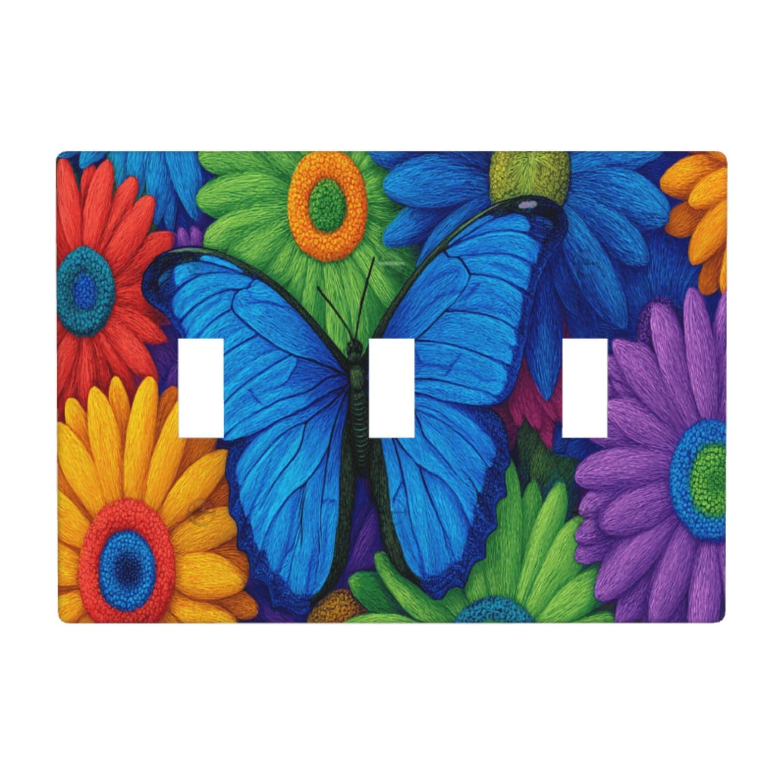 Blue Butterfly with Vibrant Flowers Light Switch Covers 3 Gang Triple Toggle Wall Plate Switchplate Electrical Faceplate for Bathroom Kitchen Bedroom Decor