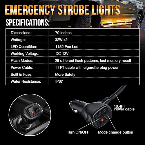 Miniatura 5 de OPL5 2 tiras de luces estroboscópicas de emergencia de 70 pulgadas, color blanco ámbar, 1152 LED, impermeables, flexibles, intermitentes,