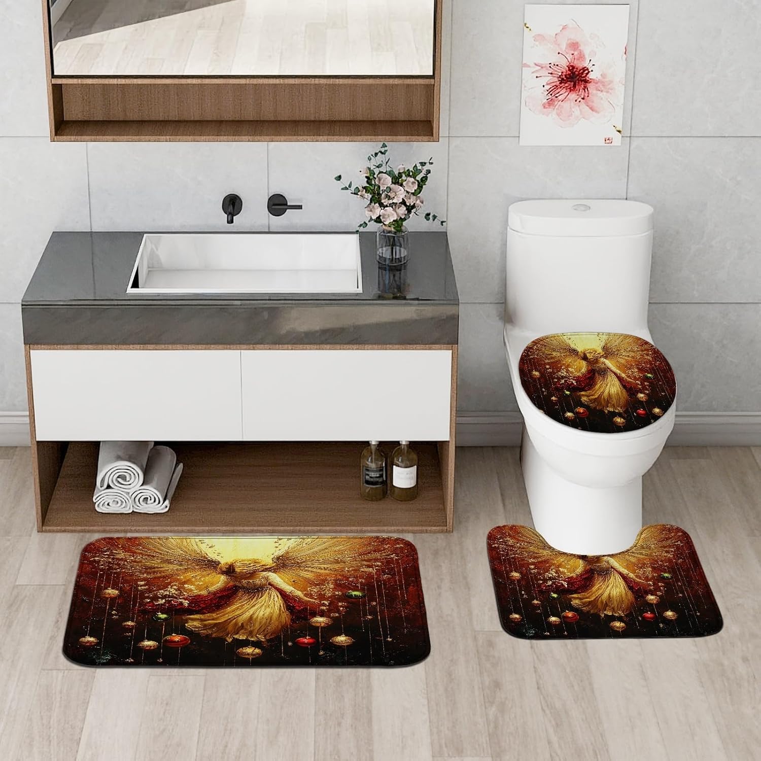 4PCS Vintage Christmas Angel Bathroom Sets, Bath with Non-Slip Rug, U Shape Toilet Lid Cover Mat, Aesthetic Retro Xmas Balls Bathroom Decor-72''x72''