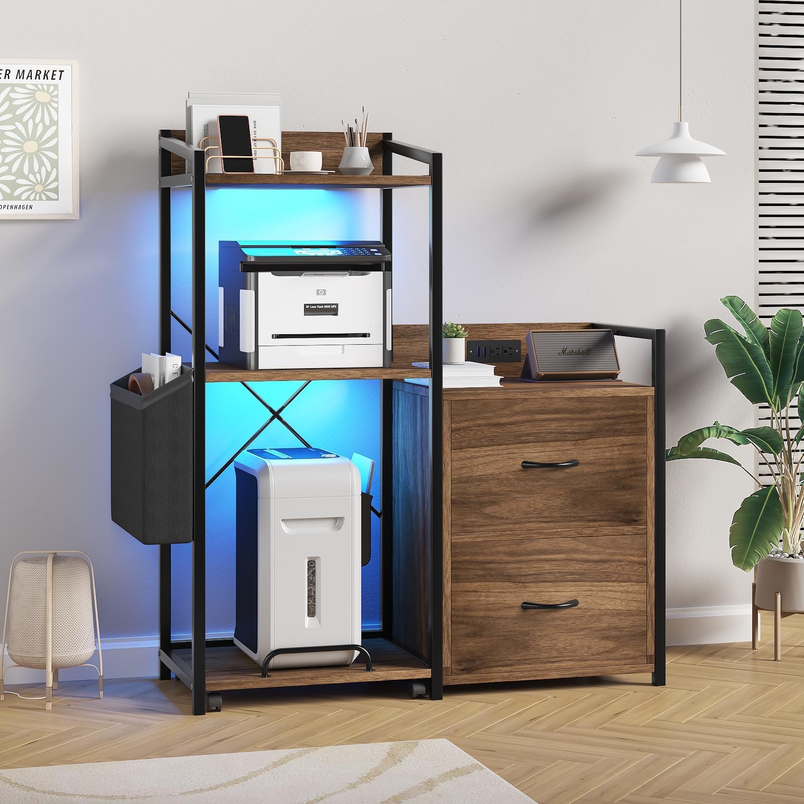 Druckerschrank mit LED, Aktenschrank mit LED-Beleuchtung & Ladestation, Großes 3-stöckiges Druckerregal mit Schubladen, Ablagen für Fax, Aktenvernichter & PC-Tower, ideal fürs Büro