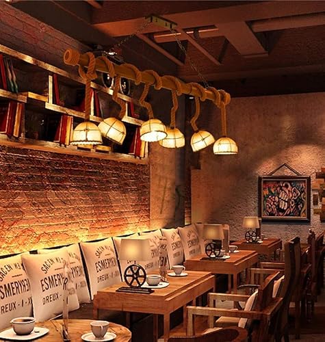 Miniatura 6 de Genérico Araña moderna, LED Modern Chandelier Lamp Large Retro Hemp 6 Bamboo Cloth Cover Hand Woven Rope Adjustable Sling E27 Living RoomDining