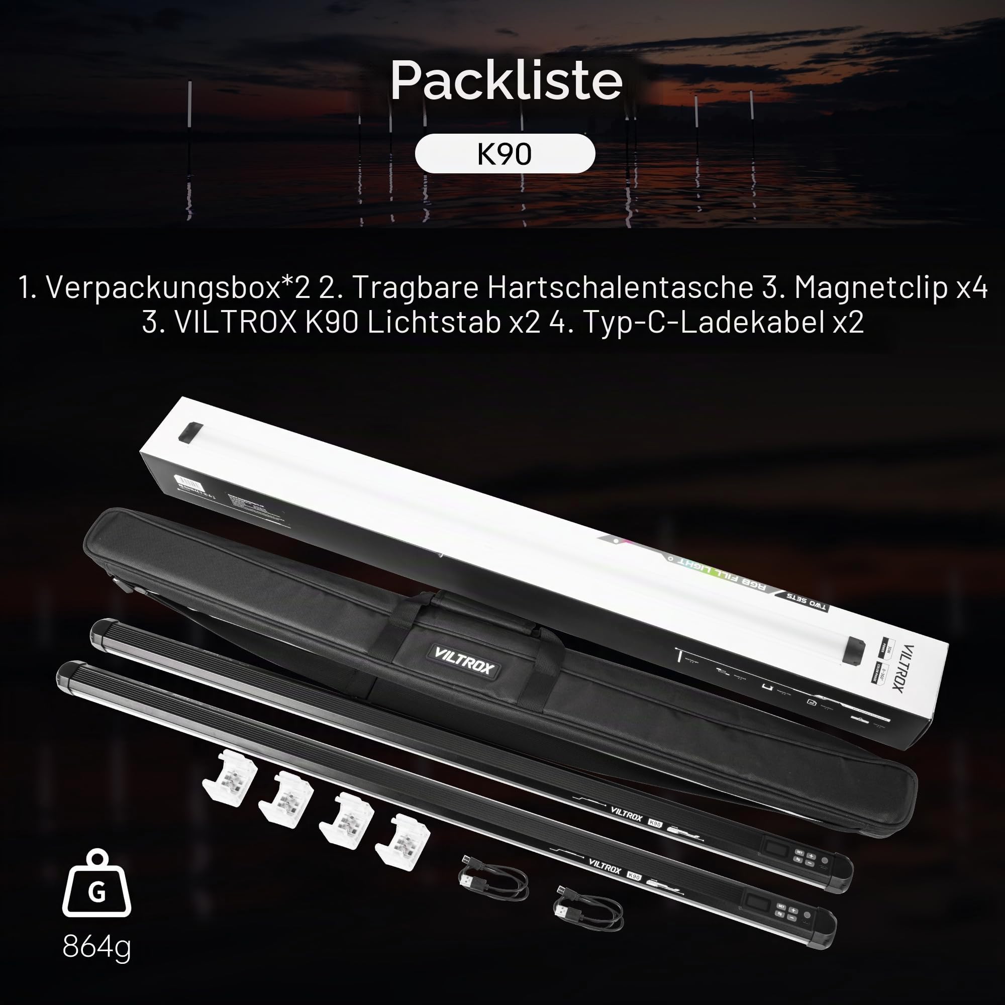 VILTROX K90 2er Pack RGB Leuchtstoffröhre, 30W 38" großer RGBWY-LED-Video-Stick-Lichtstab für Fotografie mit APP/2,4 G/Fernbedienung, CRI 97+, 26 Szenen, 2500K-8500K, 14,8V/3300mAh Akku, Magnetchip