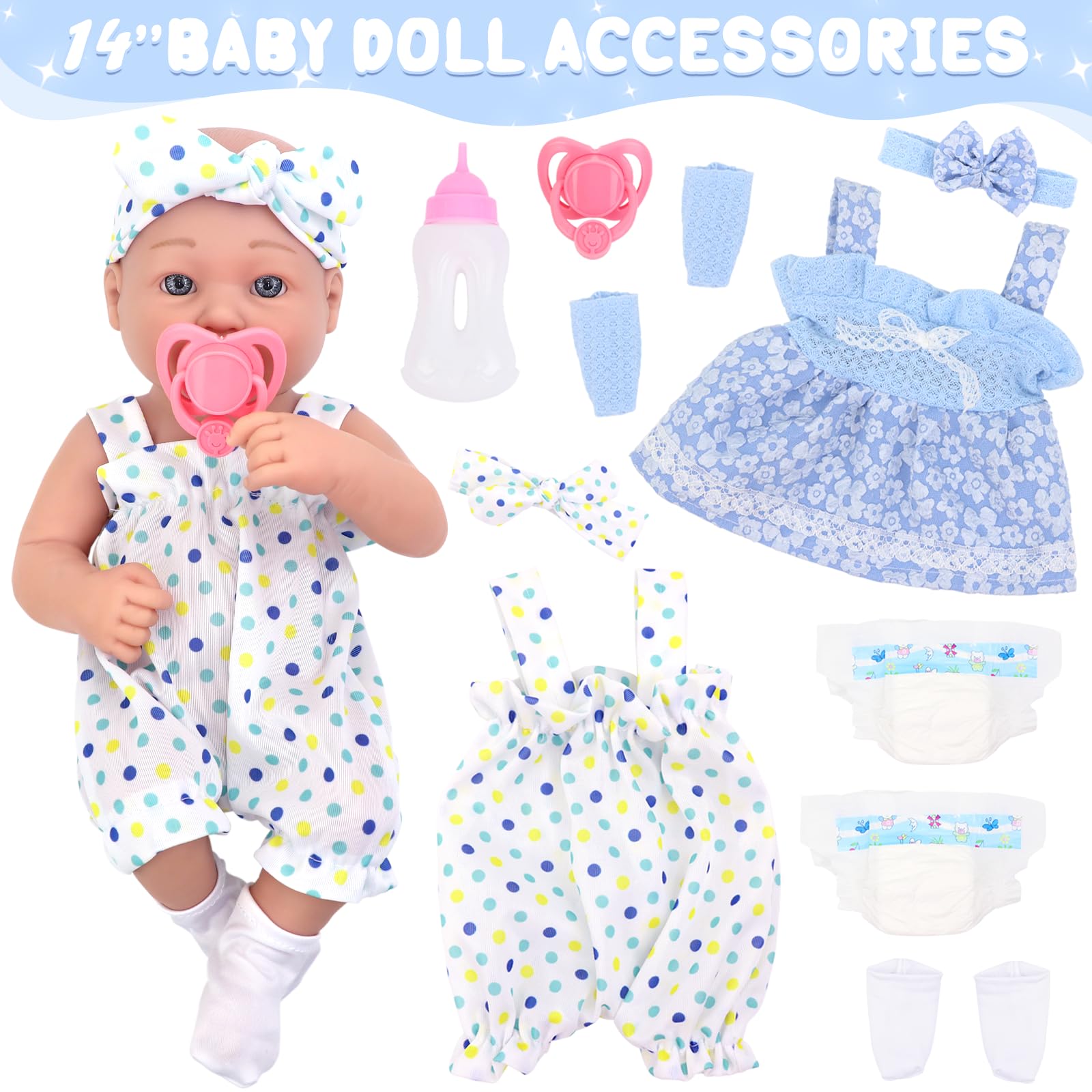 UNICORN ELEMENT 14 Inch Baby Doll with Accessories, Reborn 14 inch Baby Dolls Clothes Included Feeding Bottles, Diapers, Pacifier, Best Gift for Ages 3+