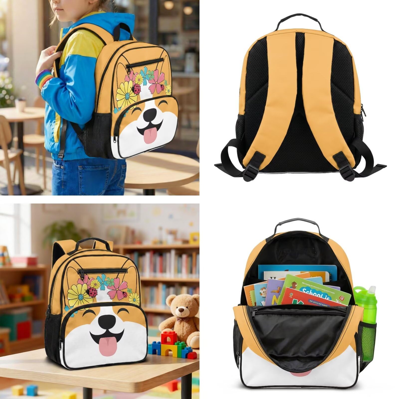 Uroczy plecak kawaii dla dziewcząt szkolnych plecak z pudełkiem na lunch przedszkole przedszkole torba szkolna 2 szt. zestaw toreb na książki, Kwiatowy Corgi, S, Klasyczny
