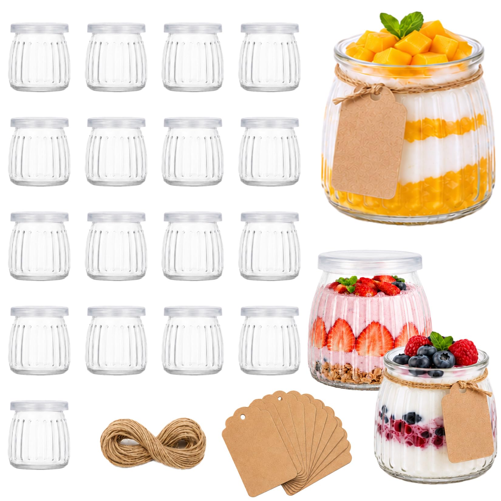 Herbst 20 szt. słoików do jogurtu z pokrywką, 200 ml, małe szklanki deserowe, nadają się do mycia w zmywarce, słoiki na dżem, do wielokrotnego użytku, deserów, puddingów, jogurtów
