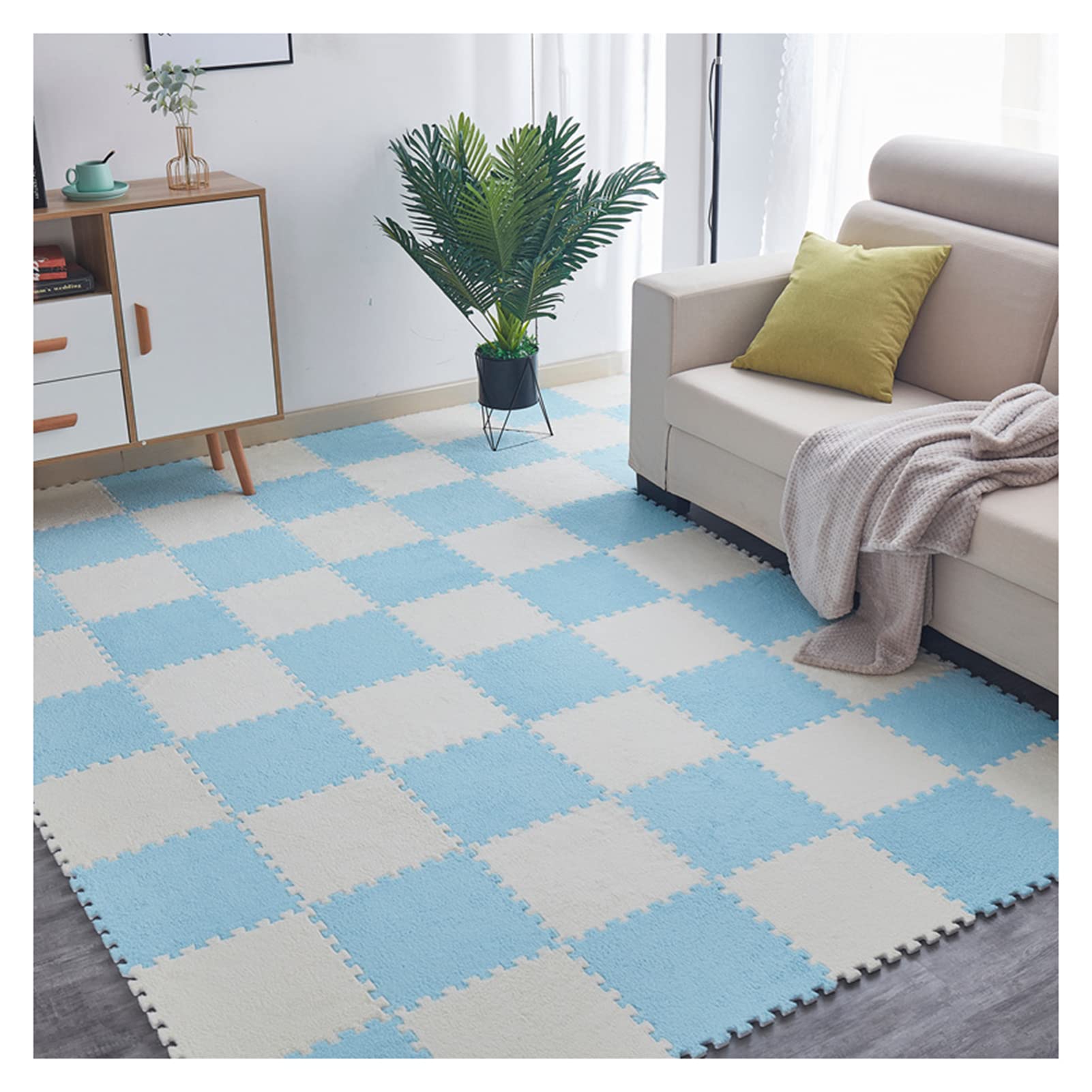 Tapis en Mousse emboîtable 30 pièces - Dalles de Moquette Douces, Tapis Puzzle 30 x 30 cm avec Bordure, idéal pour Les Enfants, Tapis antidérapant pour Chambre et Salle de Jeux, Bleu Clair e