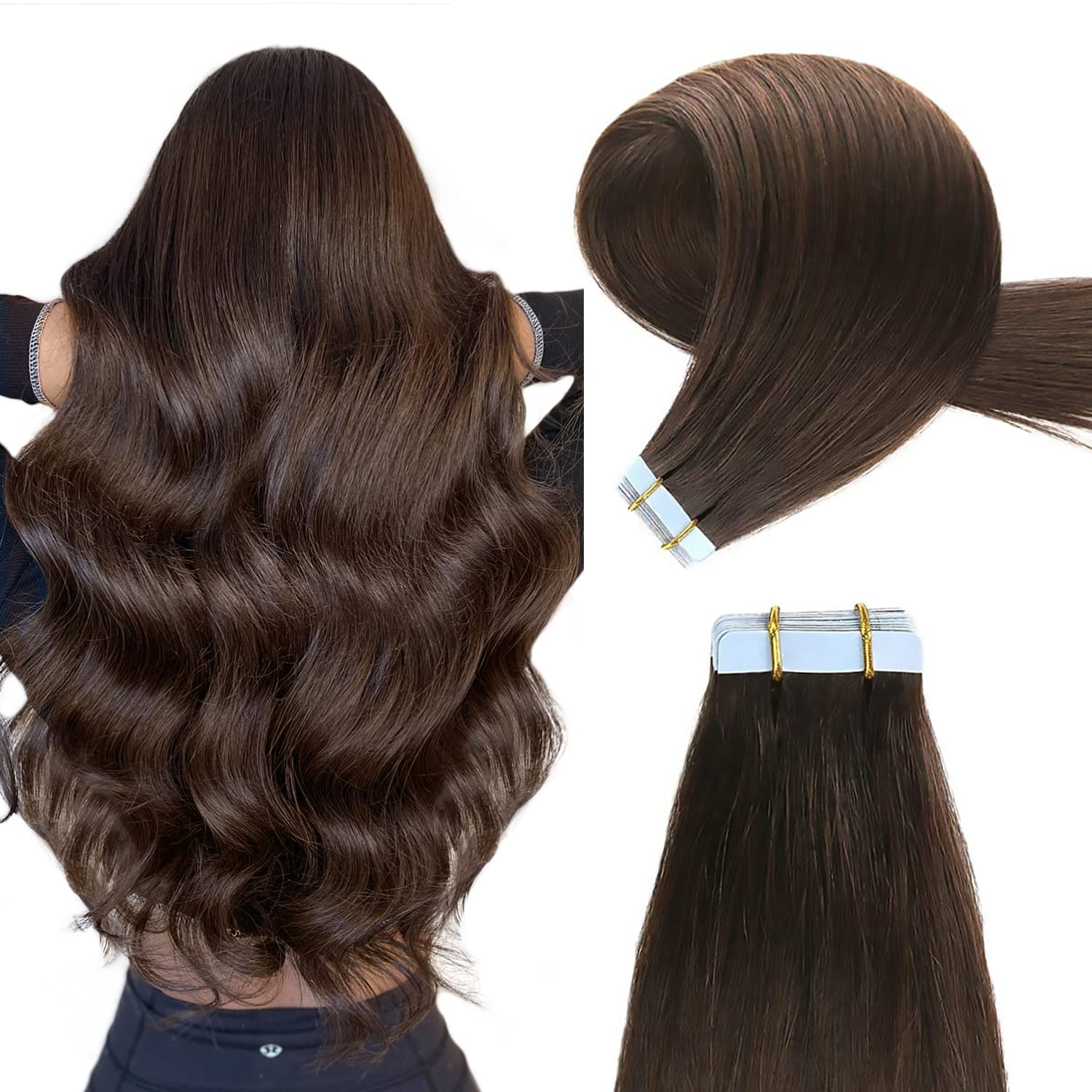 YILITE Tape in Extensions Echthaar 40cm Dunkel Braun Gerade Nahtlos Haut Schuss Tape in Haarextension Echthaar 20 Stück/Packung Tape in Remy Haarverlängerungen(40cm #2 Dunkel Braun)