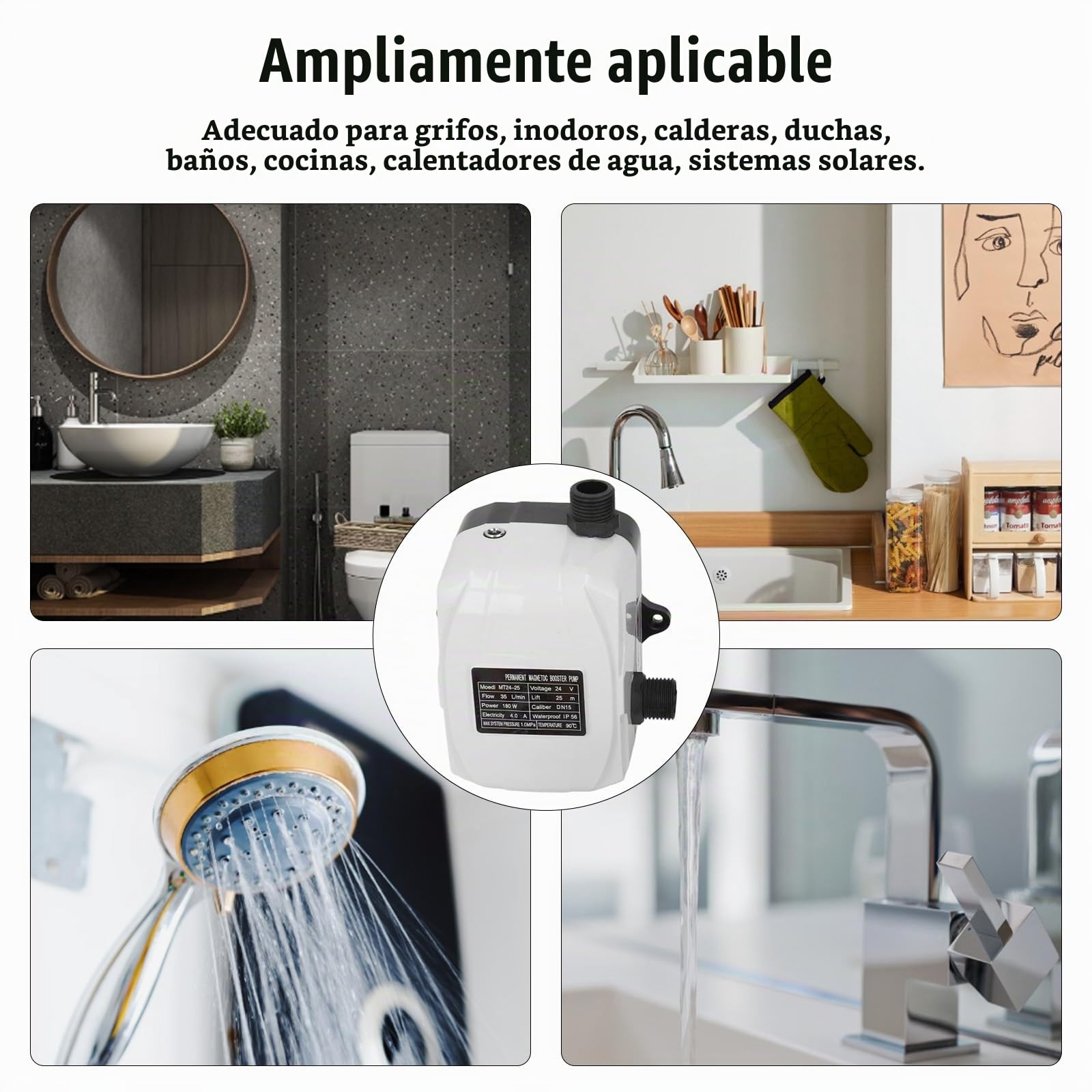 Bomba Elevadora de Presión, 180W DC 24V DN15 1/2" Bomba Elevadora Automática de Bajo Ruido IP56 Bomba Impermeable de Alta Presión para Fregadero de Cocina Ducha Grifo de Jardín, Enchufe de la UE