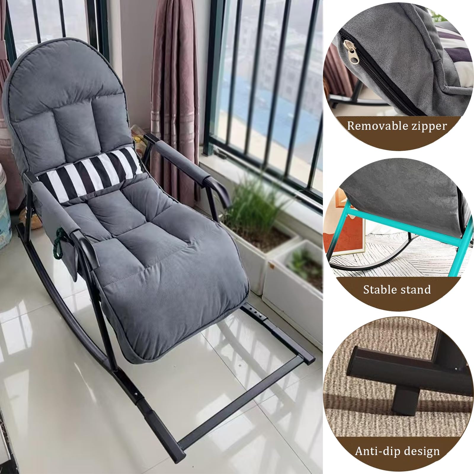 schaukelstuhl mit fußstütze, Schaukelstuhl Wohnzimmer, Schaukelstuhl Outdoor, Verstellbare Schaukellehne und Fußstütze, Gepolsterter Schaukelsessel für Wohnzimmer, Balkon (Grau.)