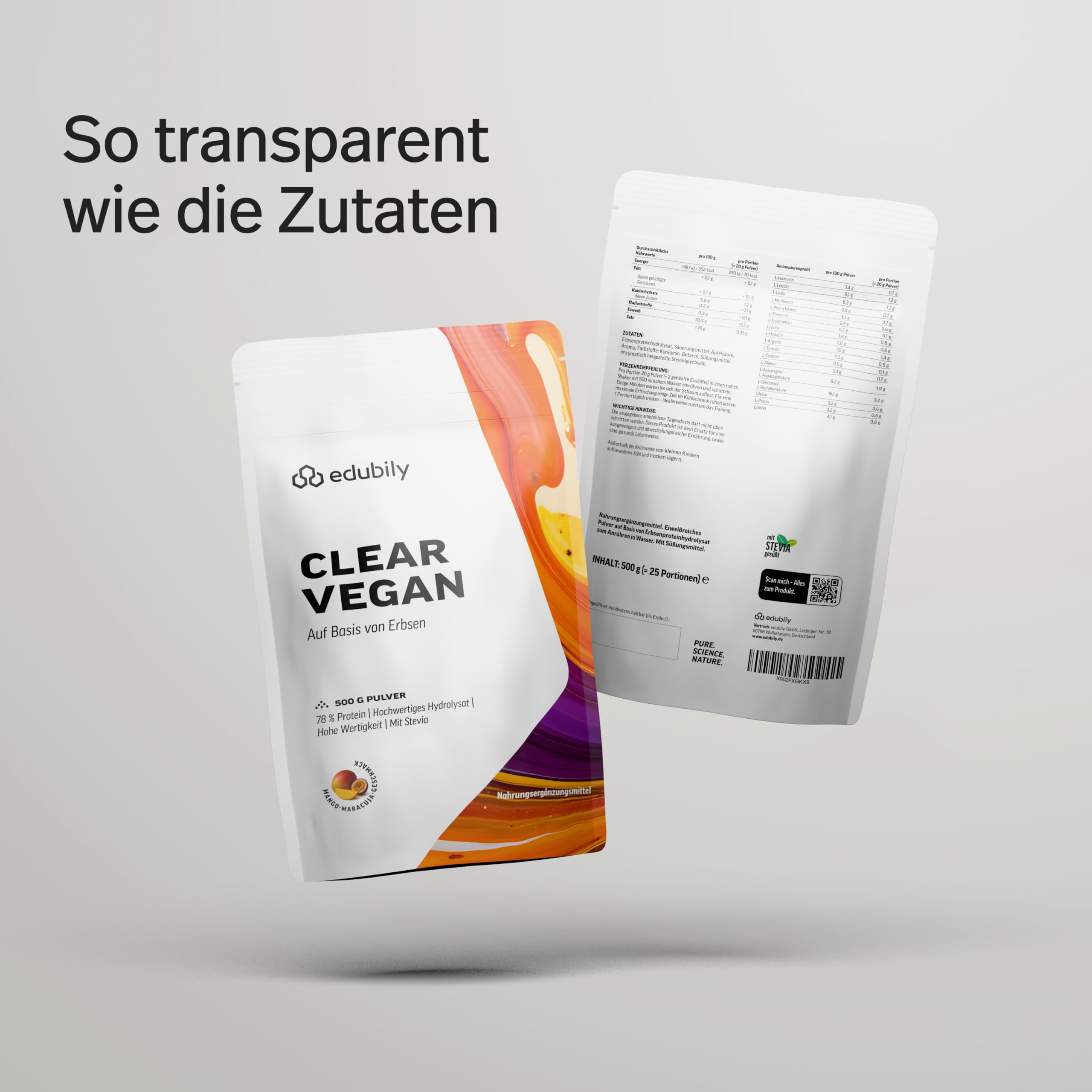 edubily® Clear Protein Vegan – 78% Protein aus Erbsen-Hydrolysat – Erfrischend & gut löslich – Laktosefrei - Mit Stevia - Clear Whey Alternative - Laborgeprüft (500 g, Mango Maracuja)