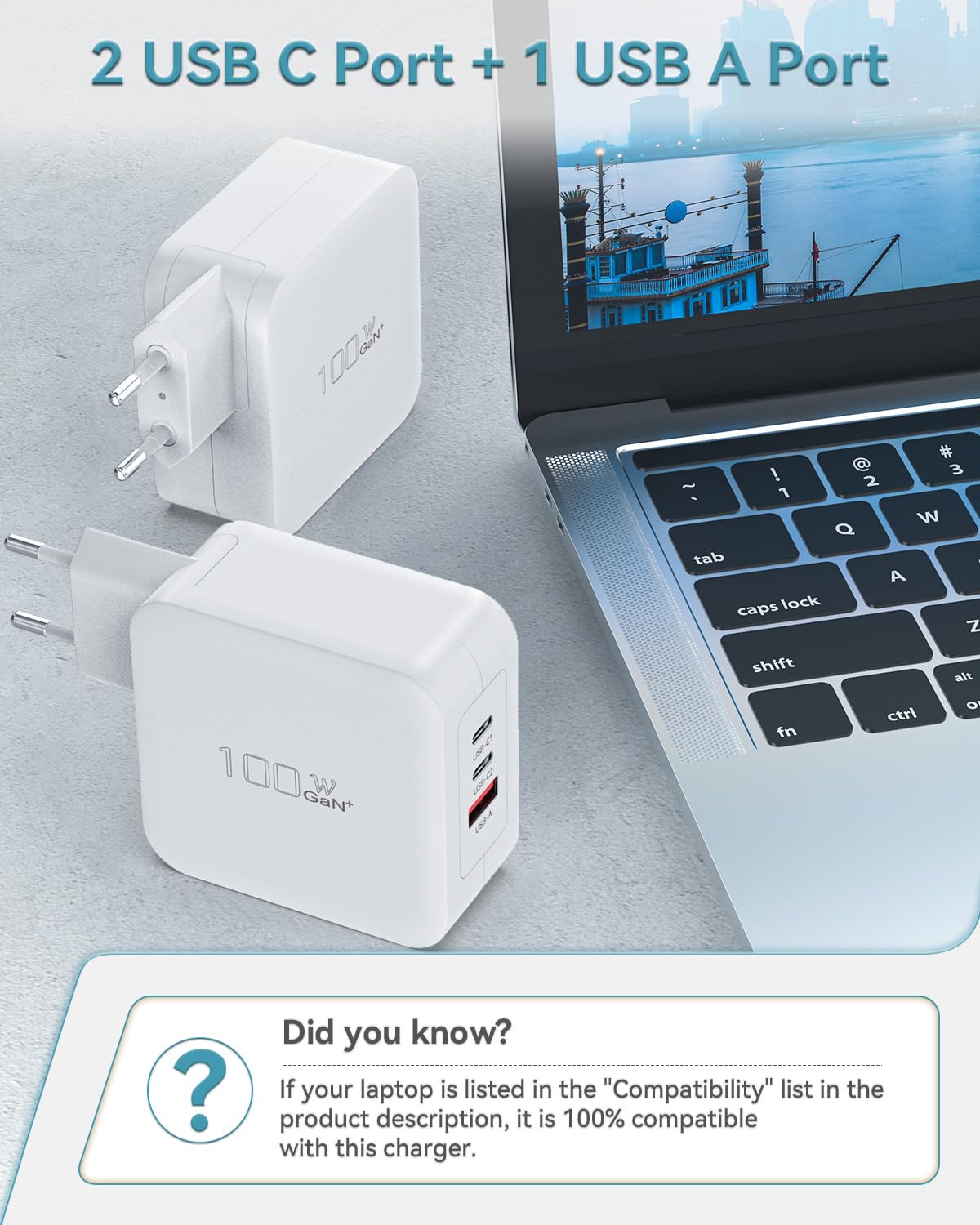 BIUBOTY Ładowarka USB C, 100 W, zasilacz 3-portowy, GaN PD, ładowarka z szybką ładowarką PPS, kompatybilna z MacBookPro, MacBook Air, iPad, iPhone 14/14 Max/13/12, S22, S21 i innymi, biała