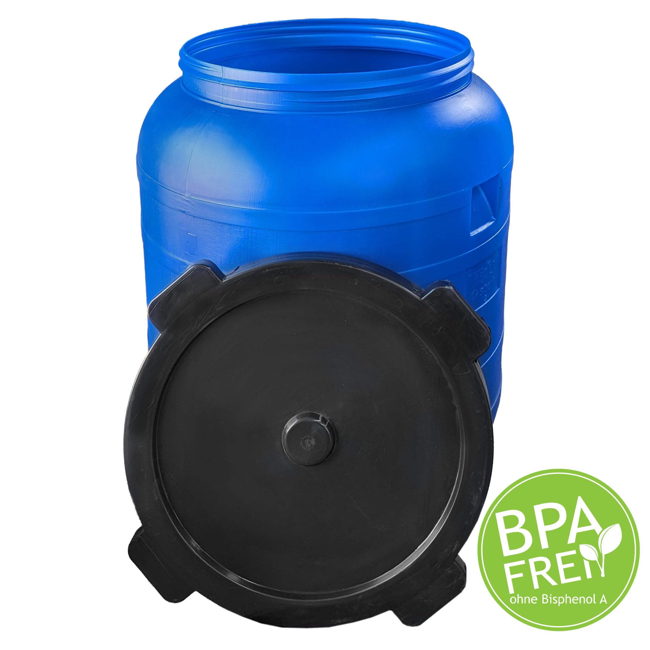 plasteo® Fût à col large de 150 litres avec couvercle à visser - En plastique universel - Convient à un usage alimentaire - Avec poignées stables - Bleu